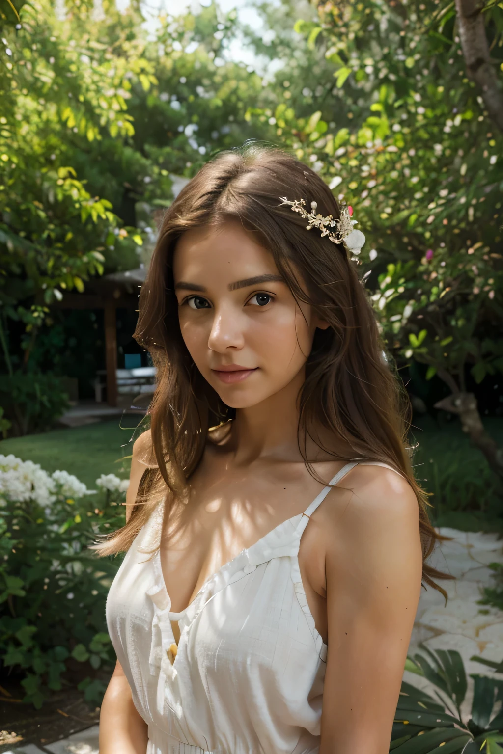 (highres:1.2),selfie photo,detailed eyes,detailed lips,beach scene,soft lighting,vibrant colors,flowing hair,natural beauty,relaxed expression,feminine pose,white summer dress,serene ambiance,happy atmosphere, 28 years old, light brown hair, light brown eyes, spanish looking girl, fit body