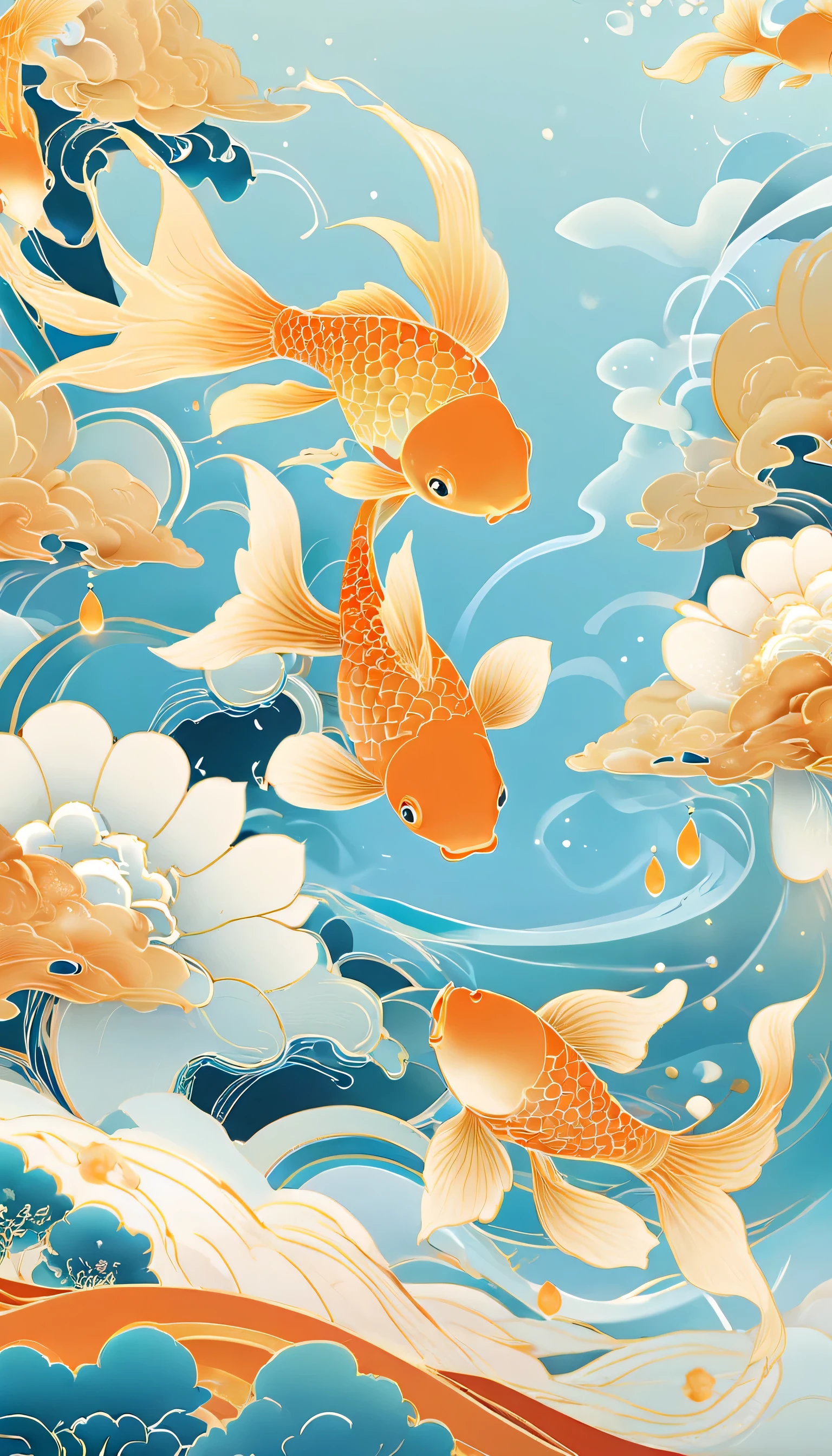 illustration poster design, graphic design, Beautiful Ancient Chinese Architecture, Auspicious cloud, The color of goldfish is golden, exaggerated waves, flowers, stream of water, abstract illustration, edge light, dream, fantasy, firework, vector line diagram, surrealism,Big goldfish