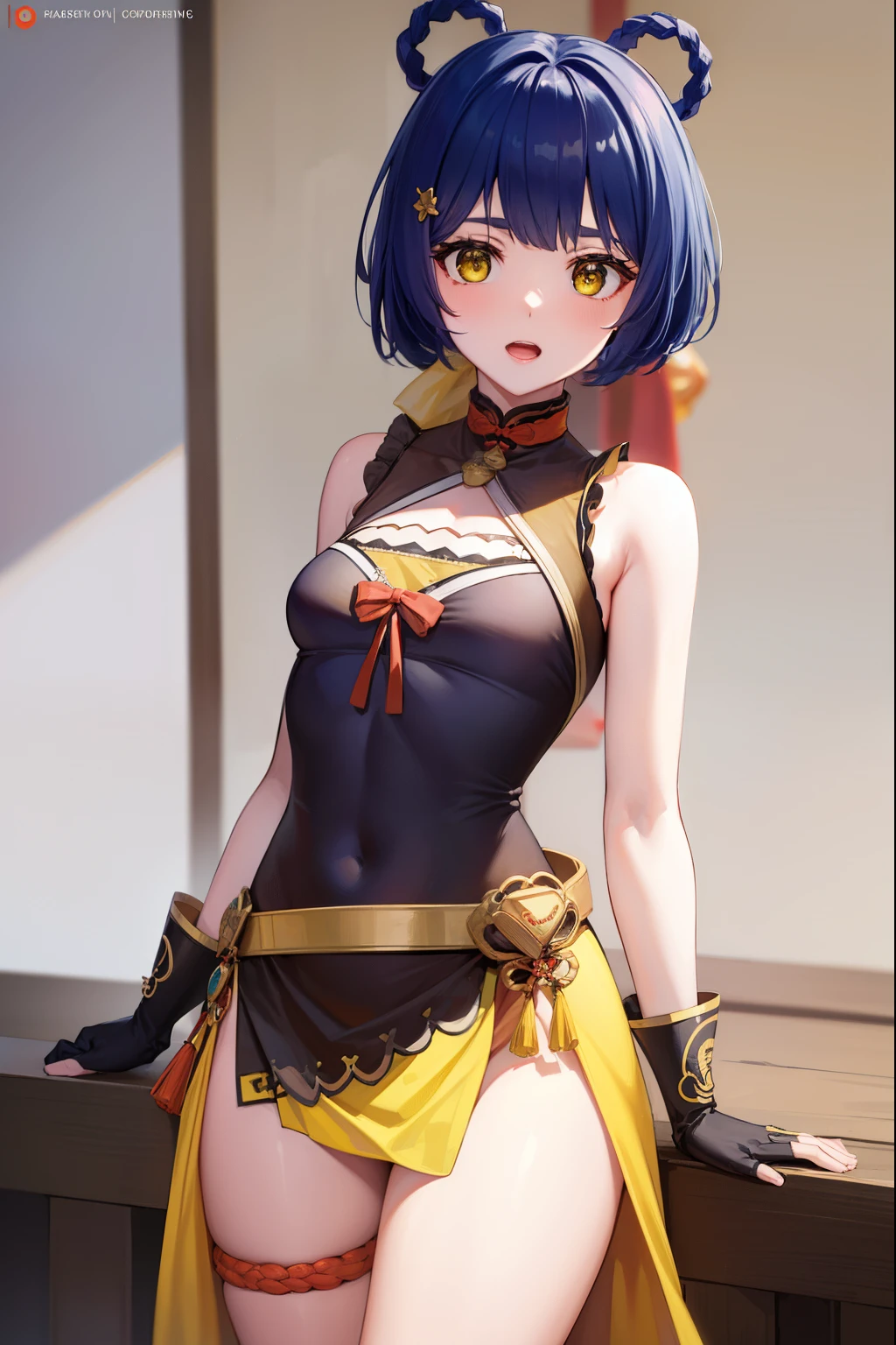 genshinxiangling, xiangling, blue hair, braid, braided hair rings, hair ornament, hair rings, hairclip, (yellow eyes:1.5), (small breasts:1.2), open mouth,
BREAK arm strap, bare shoulders, bell, belt, black footwear, black gloves, boots, brown belt, cleavage, cleavage cutout, clothing cutout, dress, fingerless gloves, gloves, high heels, jingle bell, thigh strap,
BREAK looking at viewer, (cowboy shot:1.5),
BREAK indoors, restaurant,
BREAK (masterpiece:1.2), best quality, high resolution, unity 8k wallpaper, (illustration:0.8), (beautiful detailed eyes:1.6), extremely detailed face, perfect lighting, extremely detailed CG, (perfect hands, perfect anatomy),