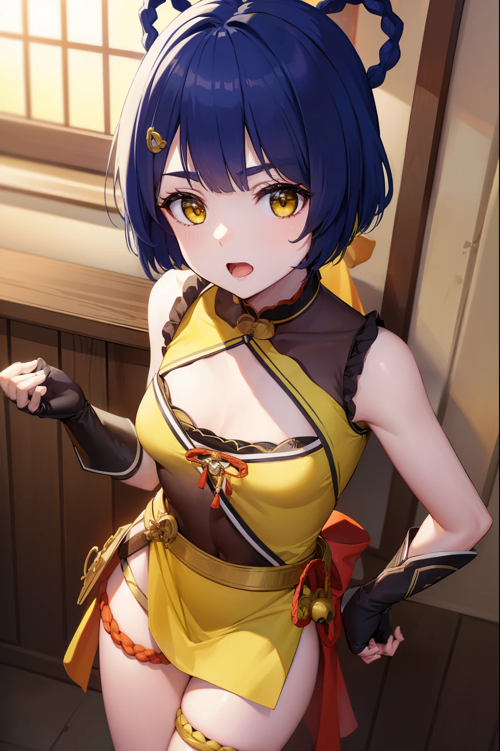 genshinxiangling, xiangling, blue hair, braid, braided hair rings, hair ornament, hair rings, hairclip, (yellow eyes:1.5), (small breasts:1.2), open mouth,
BREAK arm strap, bare shoulders, bell, belt, black footwear, black gloves, boots, brown belt, cleavage, cleavage cutout, clothing cutout, dress, fingerless gloves, gloves, high heels, jingle bell, thigh strap,
BREAK looking at viewer, (cowboy shot:1.5),
BREAK indoors, restaurant,
BREAK (masterpiece:1.2), best quality, high resolution, unity 8k wallpaper, (illustration:0.8), (beautiful detailed eyes:1.6), extremely detailed face, perfect lighting, extremely detailed CG, (perfect hands, perfect anatomy),