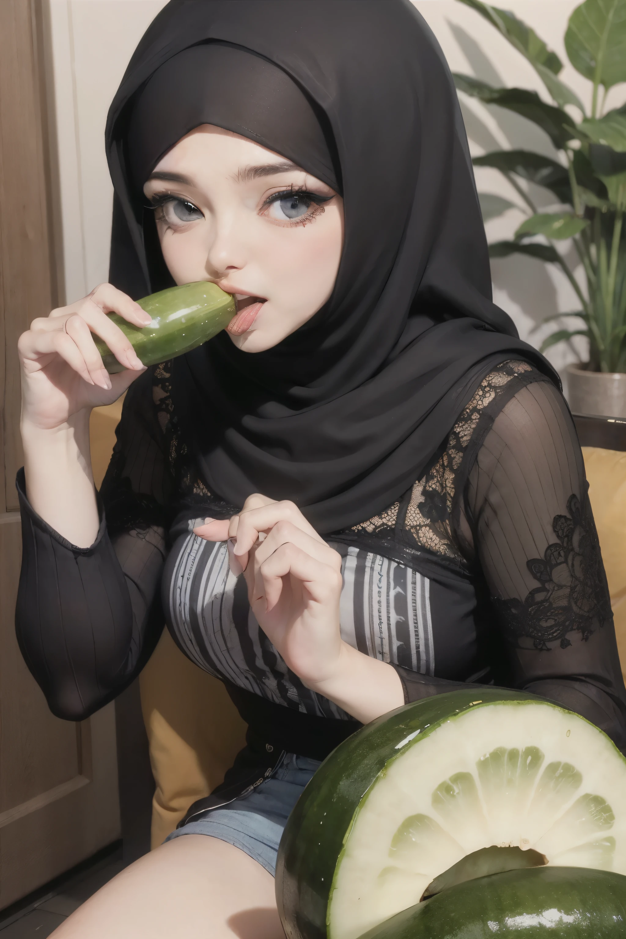 Hijabi girl licking a cucumber with lust and then the cucumber attack her
