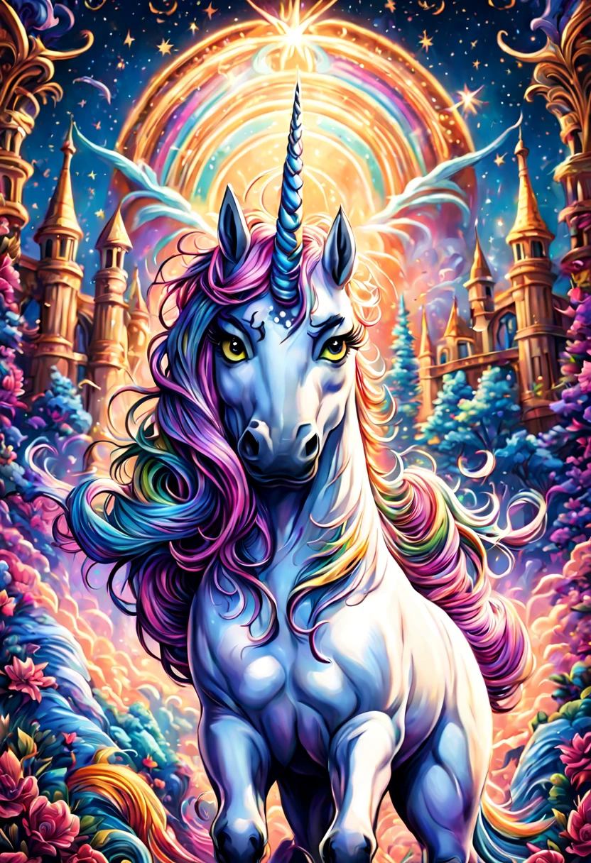 High Gothic, highly detailed, multicolored (fantasy unicorn:1.5) under a bright starry night. Mark Brooks and Dan Mumford's comic book art create a perfect, smooth masterpiece of vibrant colors and intricate details. The unicorn stands in the center, its majestic horn glowing with a rainbow of hues. Its fur, adorned with patterns reminiscent of stained glass, shimmers in the moonlight. The gothic architecture surrounding the creature is meticulously rendered, with finely carved stone pillars and intricate arches, casting eerie shadows against the night sky. The starry night above is filled with sparkling stars, creating a celestial backdrop for the unicorn's ethereal presence. The unicorn's eyes are mesmerizing, reflecting the wonders of the cosmos, while its lips curve into a gentle smile. The scene is bathed in a warm, golden light, enhancing the magical atmosphere. The overall composition resembles a page from a captivating fantasy comic, with intense depth and a sense of movement. The colors blend seamlessly, creating a harmonious and captivating visual experience. The level of detail is extraordinary, as each stroke and line brings the scene to life, from the delicate wisps of the unicorn's mane to the intricate patterns on the gothic architecture. The quality of the artwork is unparalleled, with the vibrant colors and meticulous craftsmanship captured with remarkable precision. The gothic elements add a touch of mystery and enchantment, while the bright starry night infuses the scene with a sense of wonder and magic. The prompt ensures that the resulting image will be of the highest quality, with ultra-detailed and photo-realistic rendering. It promises to be a true masterpiece, showcasing the talents of Mark Brooks and Dan Mumford in all their glory.