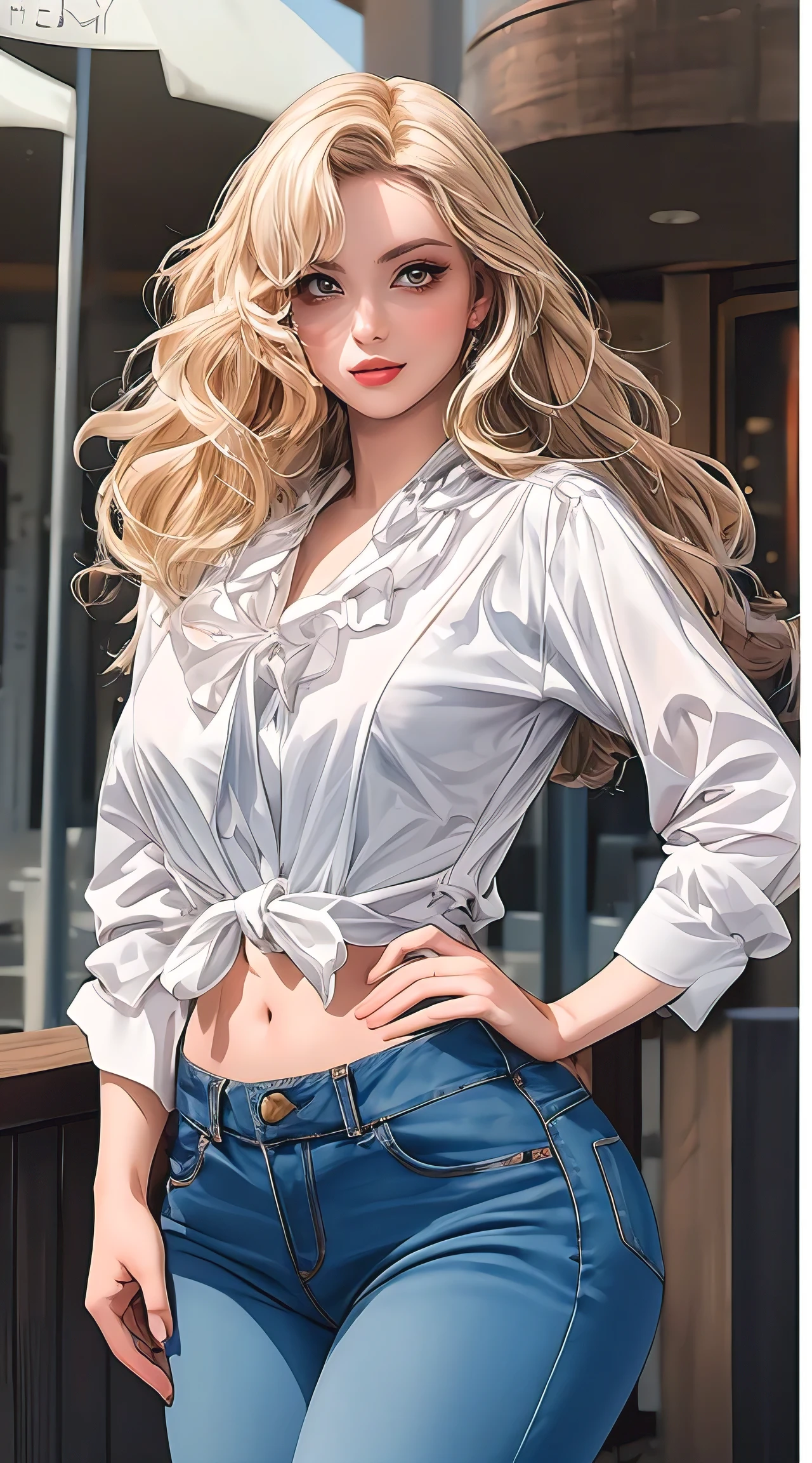 (best quality, masterpiece, ultra-detailed, photorealistic:1.3), wavy hair, wide hips, blouse, jeans, city park
