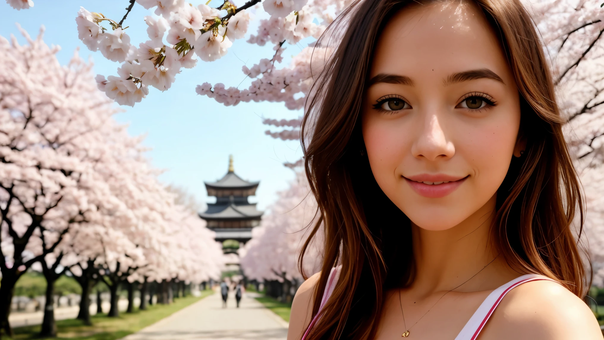 Instagram pictures, French Girl, Shoulder length hair, Has light blonde hair, Close-up photo, Take a walk in the park with cherry blossoms, Japan, smile a little,