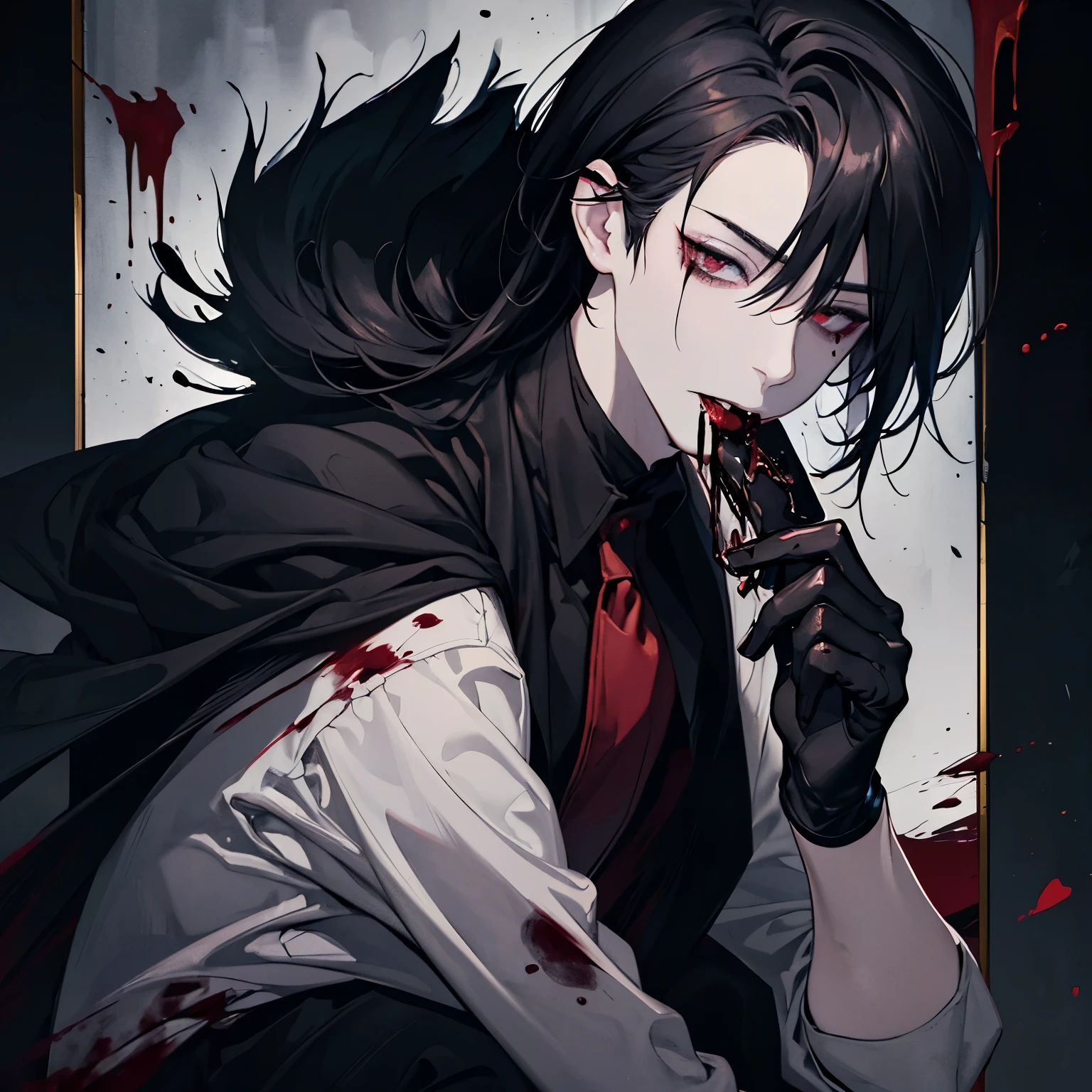 (flat color:1.1),(masterpiece:1.2), best quality, masterpiece, original, black spiked hair, short hair, (handsome man with red eyes looking at camera:1.2), (1boy:1.5), (licking while blushing:1.5), (dark eyebags:1.2), blushing expression, yandere