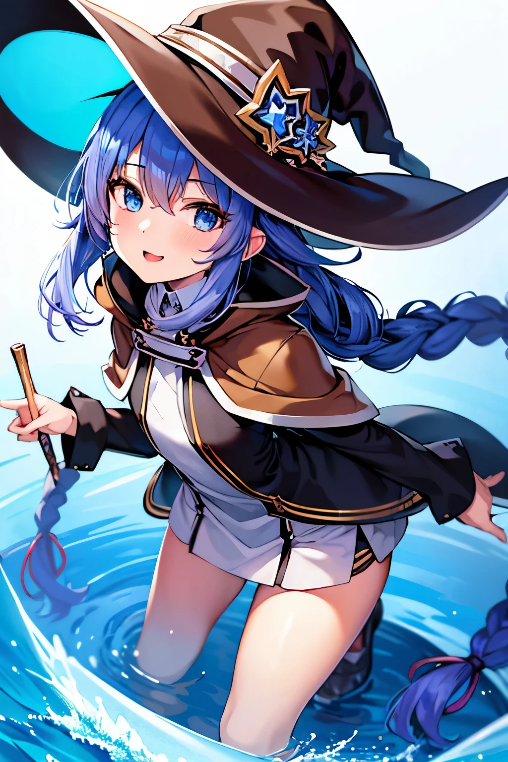 (best quality), (masterpiece), ((beautiful:0.75) cute girl:0.75), [clear and clean] pixiv (illustration), (roxy migurdia:1.25), blue eyes, blue hair, bangs, brown cape, witch hat, braid,  