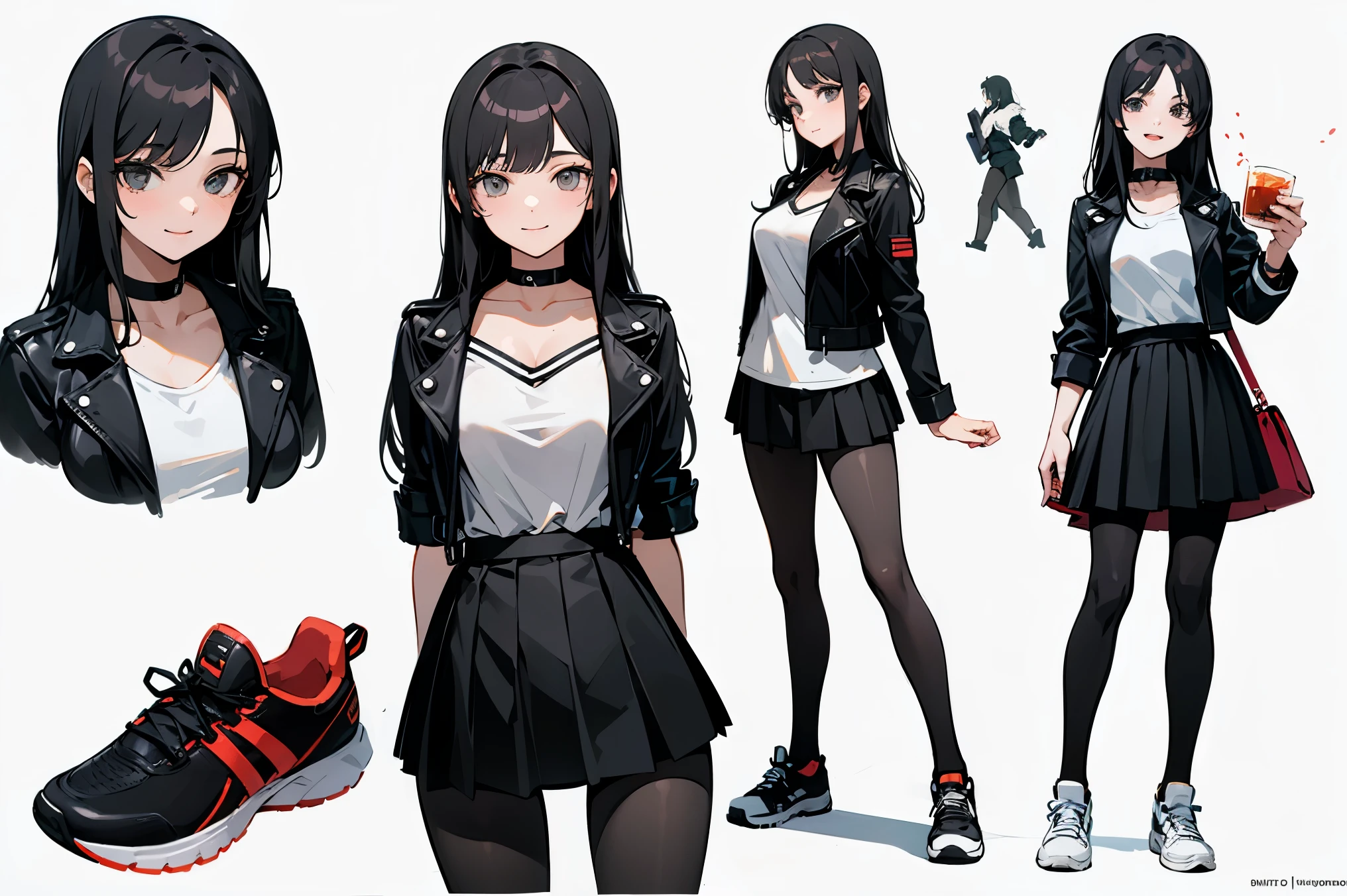 top quality, Detailed face, Character Sheet,(((Young woman:1.5))), ((whole body:1.2)), Full of details, several poses and expressions, very detailed, Depth, ****ung woman, no bangs, (black long hair, Gray sexy eyes, Straight hair, Black T-shirt with Leather Jacket, medium breasts, High neckline, strap, suspension, black skirt, black tights, White running shoes, Rocker style, sexy smile and pose,Discolored skin, loves alcohol