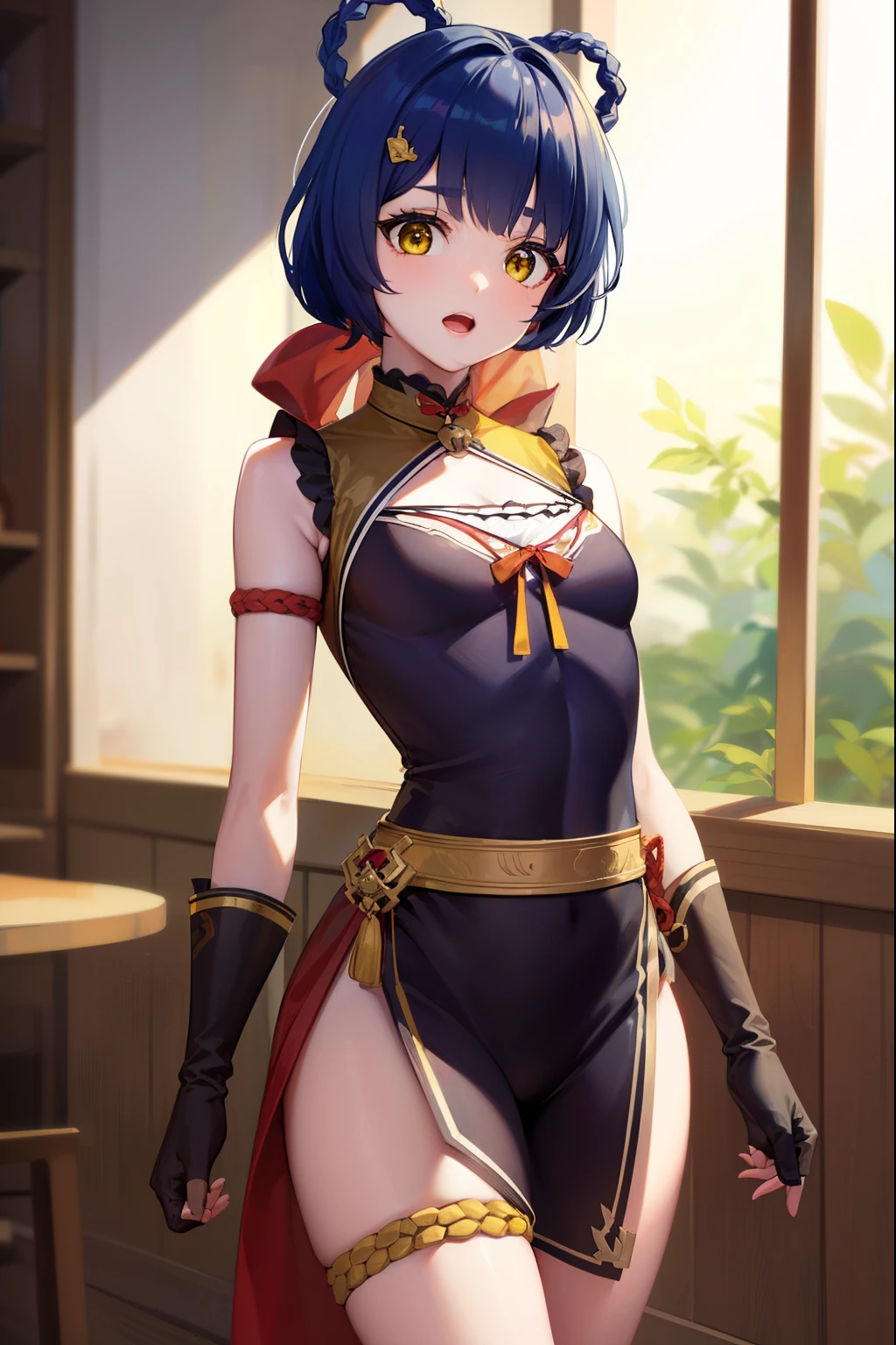 genshinxiangling, xiangling, blue hair, braid, braided hair rings, hair ornament, hair rings, hairclip, (yellow eyes:1.5), (small breasts:1.2), open mouth,
BREAK arm strap, bare shoulders, bell, belt, black footwear, black gloves, boots, brown belt, cleavage, cleavage cutout, clothing cutout, dress, fingerless gloves, gloves, high heels, jingle bell, thigh strap,
BREAK looking at viewer, (cowboy shot:1.5),
BREAK indoors, restaurant,
BREAK (masterpiece:1.2), best quality, high resolution, unity 8k wallpaper, (illustration:0.8), (beautiful detailed eyes:1.6), extremely detailed face, perfect lighting, extremely detailed CG, (perfect hands, perfect anatomy),