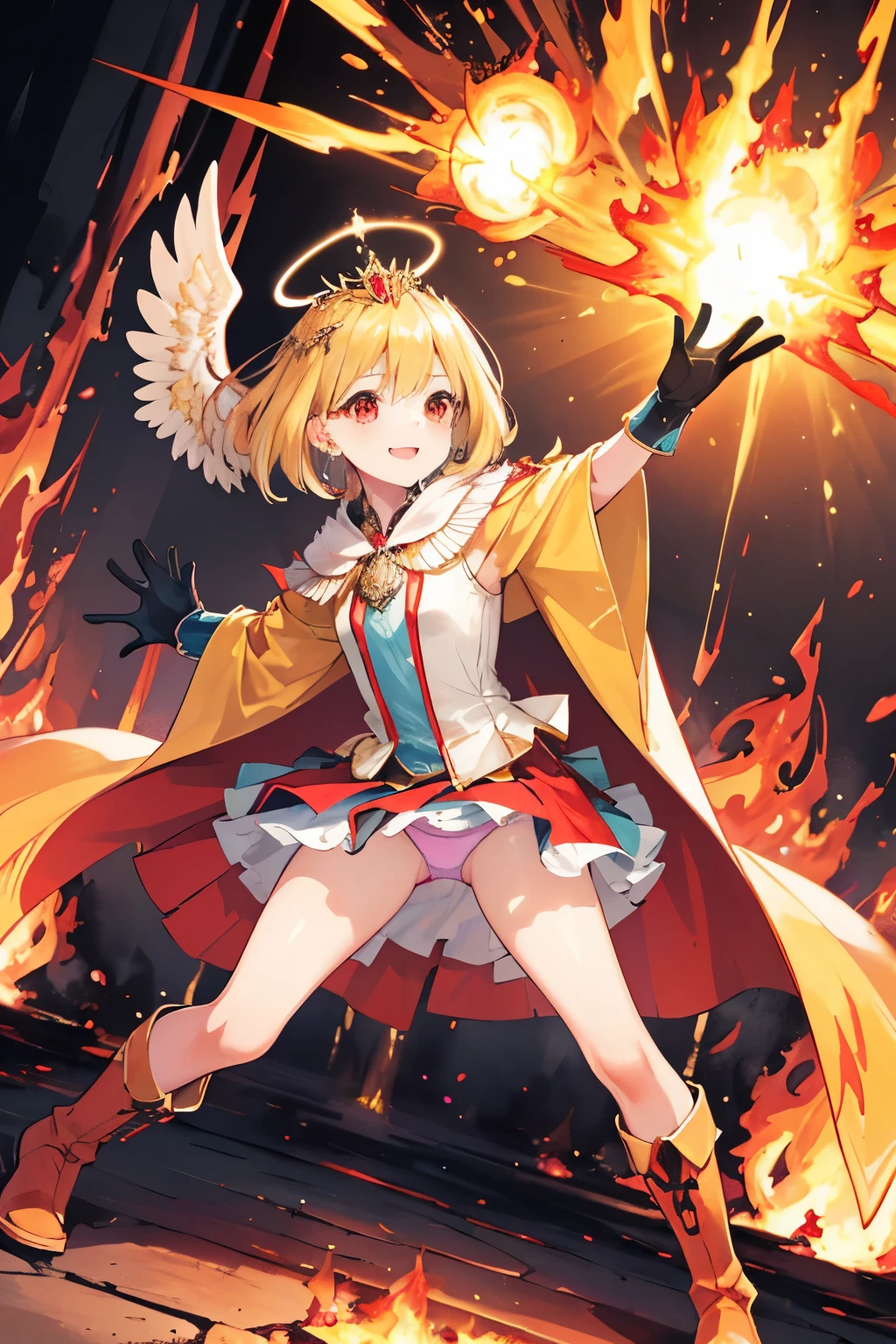 (((1girl))), ((best quality)), ((masterpiece)), ((ultra-detailed)), (illustration), (detailed light), (an extremely delicate and beautiful), (beautiful detailed eyes), (sunlight), ((extremely light)), ((extremely clothes)), (((hyper detail))),(((((front lighting))))),(((((front light))))),
((((quite adorable and much more erotic Wizard's robe with a brief skirt and magical tiara)))), (((Finest Ranked Wizard))),
,
(((wavy short manish bob))), ((((yellow gold hair)))), (((short hair))),
(((ruby red eyes))), (((tiny adorable angel wings))), (((angel halo))),
(((whole body))), aged 8 to 12, ((((())))),
((condescending expression)), ((mischievous smile with sexual satisfaction)), (((extra adorable))), (((((extra slender shape))))),
(((extremely beautiful detailed face))), (((surrounded by many burning fire balls))),
(((((supre dynamically and bravely attacking enemies by a spell of Hell's Gate to Inferno))))), (((elegant magic boots))),
(((((Dutch angle))))), (((magical colored gloves))), ((transparent magical underskirt)), (a little bit exposed magical colored panties)