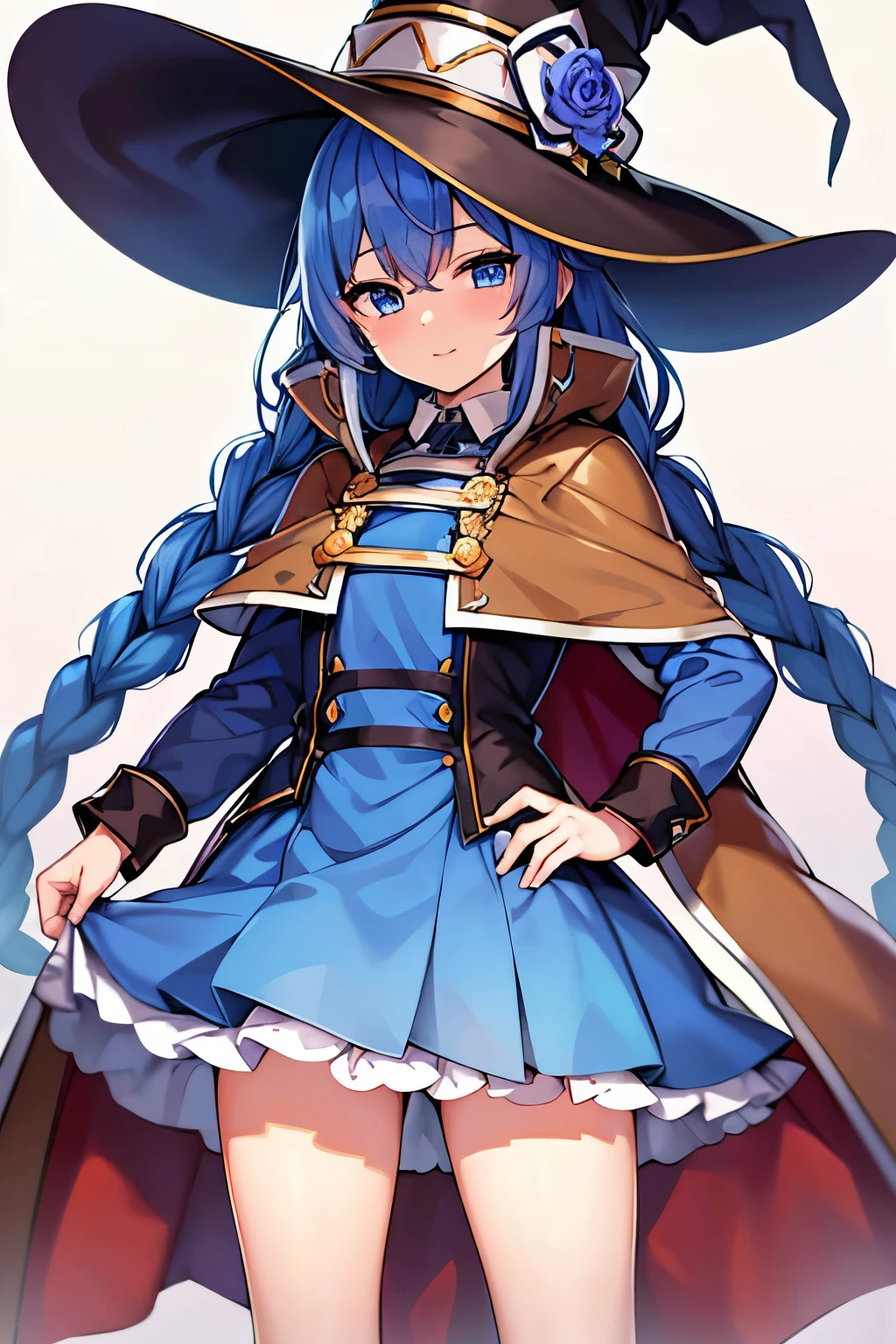 (best quality), (masterpiece), ((beautiful:0.75) cute girl:0.75), [clear and clean] pixiv (illustration), (roxy migurdia:1.25), blue eyes, blue hair, bangs, brown cape, witch hat, braid,  