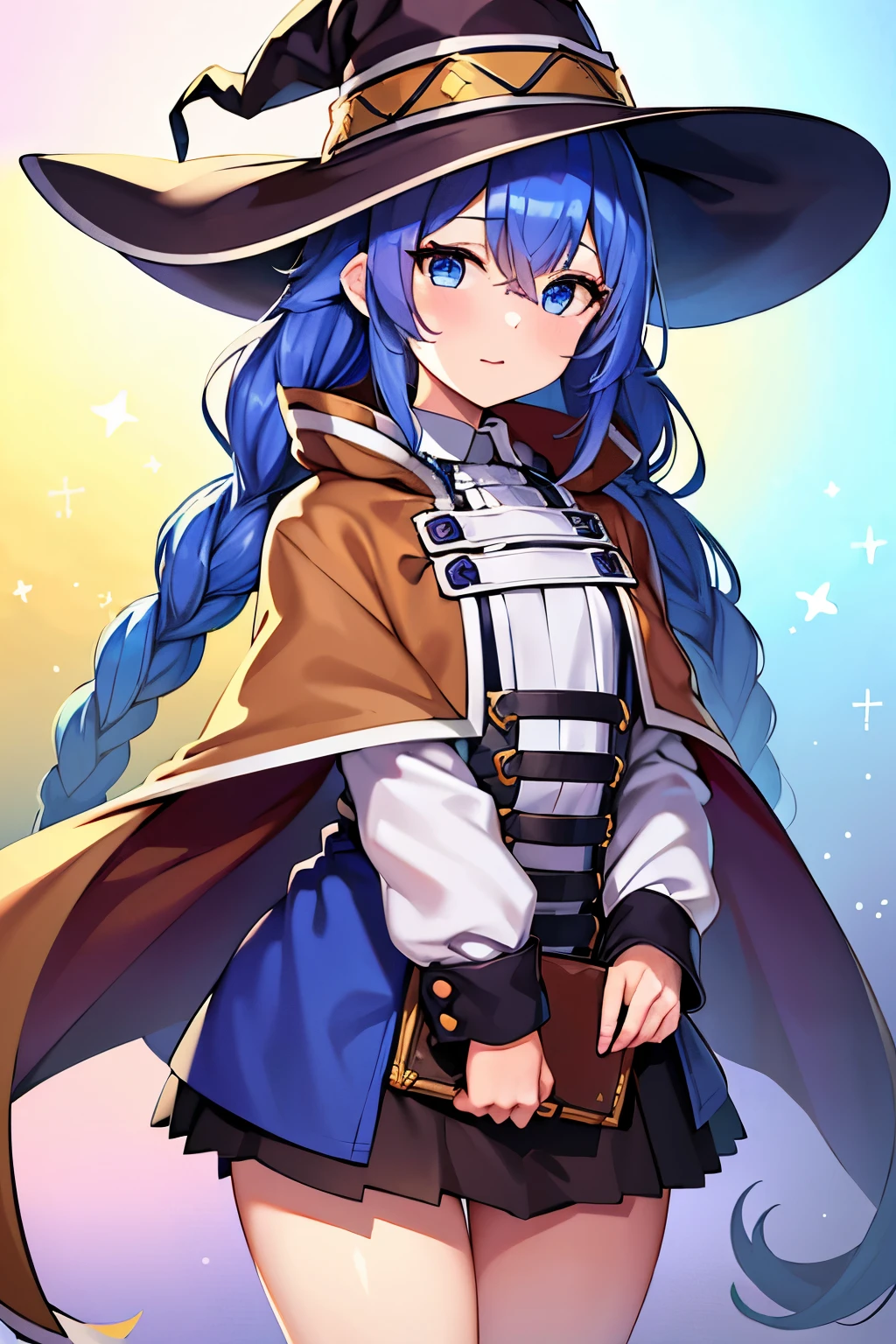 (best quality), (masterpiece), ((beautiful:0.75) cute girl:0.75), [clear and clean] pixiv (illustration), (roxy migurdia:1.25), blue eyes, blue hair, bangs, brown cape, witch hat, braid,  