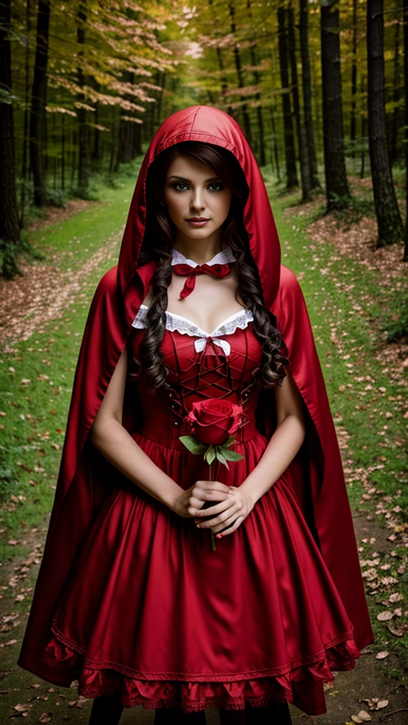 There is a woman in a red riding hood holding a red rose, wearing a beautiful red cape, heart thief in the red riding hood, little red riding hood, fantasy character photo, character photography, portrait photo, High Quality Fantasy Stock Photo, inspired by Anne Stokes, fantasy photo shoot, Not style Anne Stokes, fantasy photography, inspired by Dorothy Hood