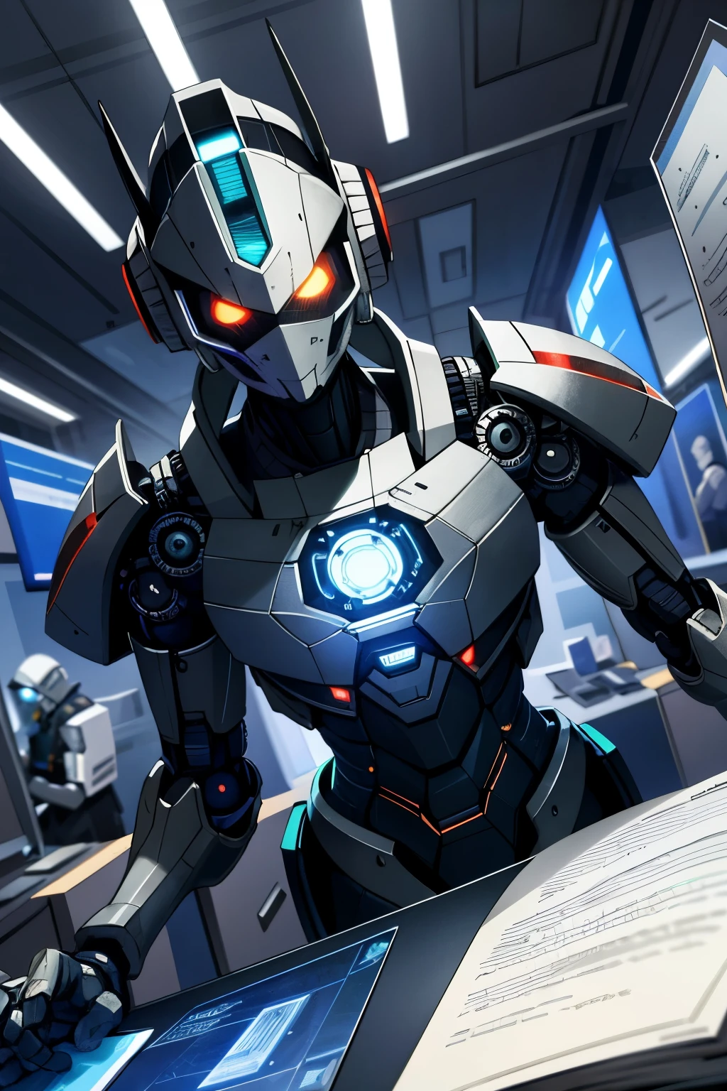 Ultra-realistic CG, masterpiece, best quality, a robojudge, focused, attentive, meticulous expression, sleek metal body, detailed circuitry and wiring visible, with a desk cluttered with an abundance of legal documents, neatly stacked and organized, documents' pages filled with intricate text and signatures, soft glow of energy-efficient LED lights illuminating the scene, sophisticated holographic display terminals in the background, a sense of diligent and unwavering dedication to upholding justice from the robojudge's every fiber.