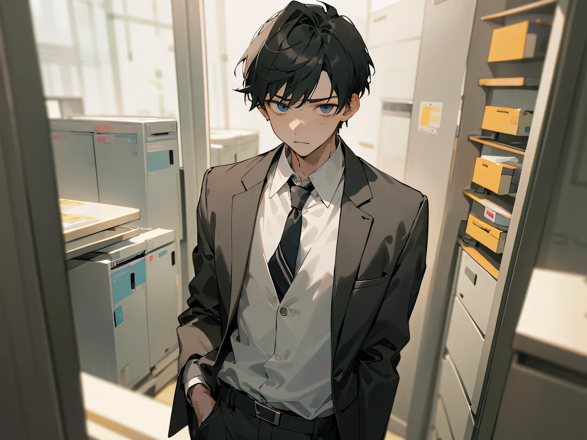 1boy,adult,Impatient expression,Business suit,jacket,whiteshirt,upper body,necktie,dull,pants,best quaity,employee,face detail,(background office)