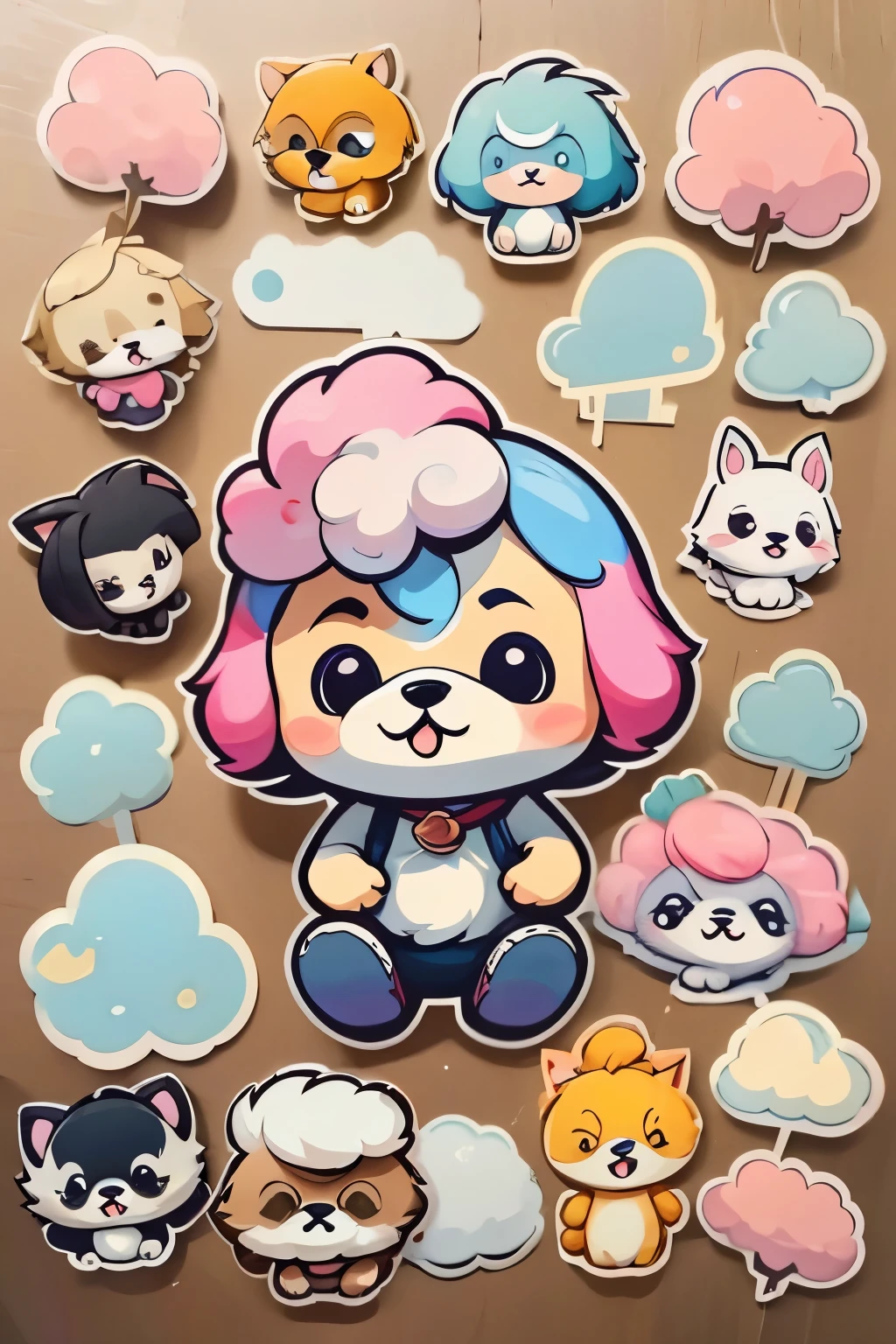 a sticker，many character, little dog，Shih Tzu Dog, cotton candy, simple backgound，Cartoon Cute，funny style, chibi style, high detailed, highest quality, masterpiece, 