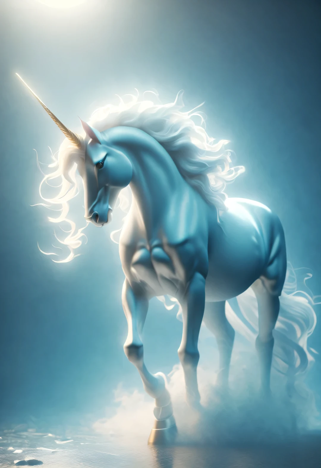 Stylish photography style, 3D rendering of Greek unicorn with white body and blue horn. mystery, ethereal, elegant, noble,,A beautiful painting by wlop,Modern art,Magical Realism,dreamlike realism,Imagined,ethereal, by Tammy Bohn, mystery气氛,reflective atmosphere,Sagittarius, ♐︎,cancer, ♋︎,Scorpio, ♏︎,Unreal Engine,octane rendering,V-rays,high detail,super quality,high resolution,Popular topics on Artstation,Surrealism,8K depth of field (degrees of ),bottom view,twilight ray,