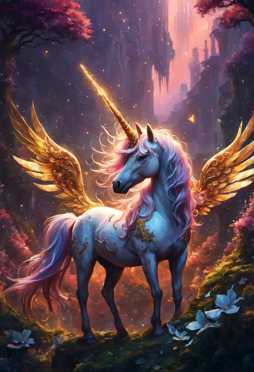 (Fantasy Unicorn:1.5), bronze filigree, intricate hyperdetailed painting by Jonas De Ro, Gustave Klimt clouds, Ismail Inceoglu, Huang Guangjian, CGSociety, ZBrush Central, fantasy art, album cover art, 8k resolution, intricately beautiful, forest, glitter, fireflies, magical atmosphere, intense glow, cool color scheme, high definition, detailed matte painting, deep color, fantastical, intricate detail, splash screen, complementary colors, fantasy concept art, 8k resolution trending on Artstation Unreal Engine 5