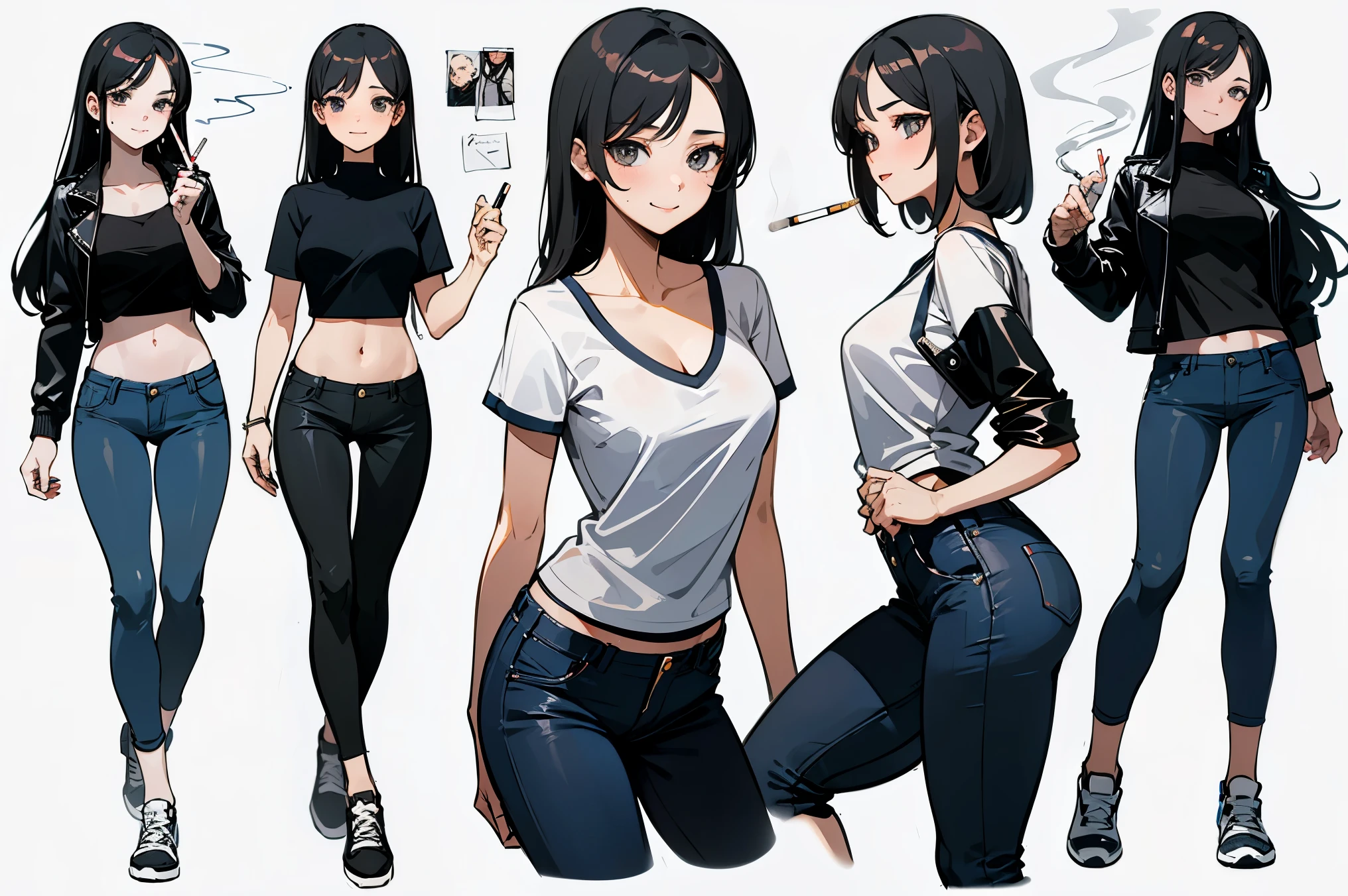 top quality, Detailed face, Character Sheet,(((Young woman:1.5))), ((whole body:1.2)), Full of details, Multiple postures and facial expressions, very detailed, Depth, 1 Young woman, no bangs, (black long hair, Gray sexy eyes, Straight hair, Black T-shirt with Leather Jacket, medium breasts, High neckline, strap, suspension, slim black jeans, White running shoes, Rocker style, sexy smile and pose,Discolored skin, smokes a cigarette 