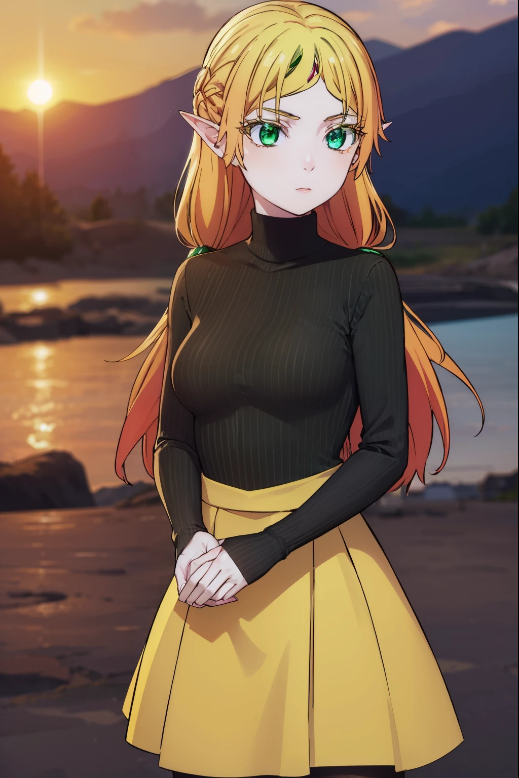 tsundereelf, tsundere elf, long hair, blonde hair, (green eyes:1.5), pointy ears, elf, multicolored hair, forehead jewel,
BREAK long sleeves, turtleneck bodysuit, pantyhose, sweater, (black sweater:1.2), dress, (yellow dress:1.5),
BREAK outdoors, forest, nature, sun, sky, clouds,
BREAK looking at viewer, (cowboy shot:1.5),
BREAK (masterpiece:1.2), best quality, high resolution, unity 8k wallpaper, (illustration:0.8), (beautiful detailed eyes:1.6), extremely detailed face, perfect lighting, extremely detailed CG, (perfect hands, perfect anatomy),