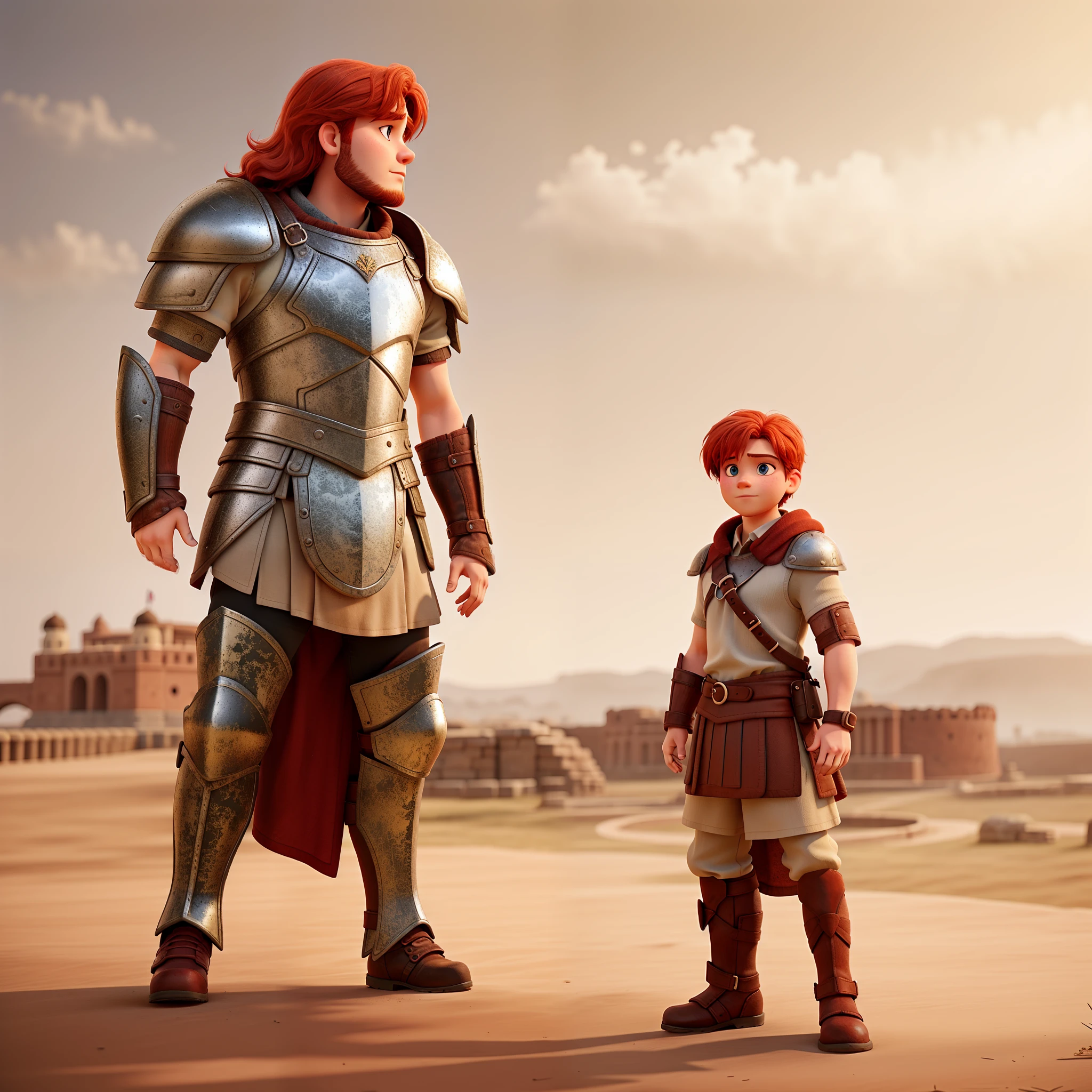 young redhead in front of a large giant gladiator