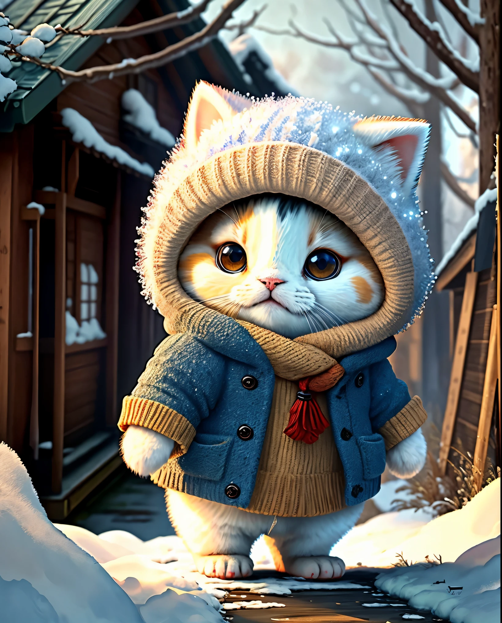 best image quality、"cute生き物の傑作を作成する.、（winter）American Shorthair, high detail, In 8K、best image quality、Dressed as an adventurer、Bogan in hand、Video Game Hero Costume、(((cute)))、