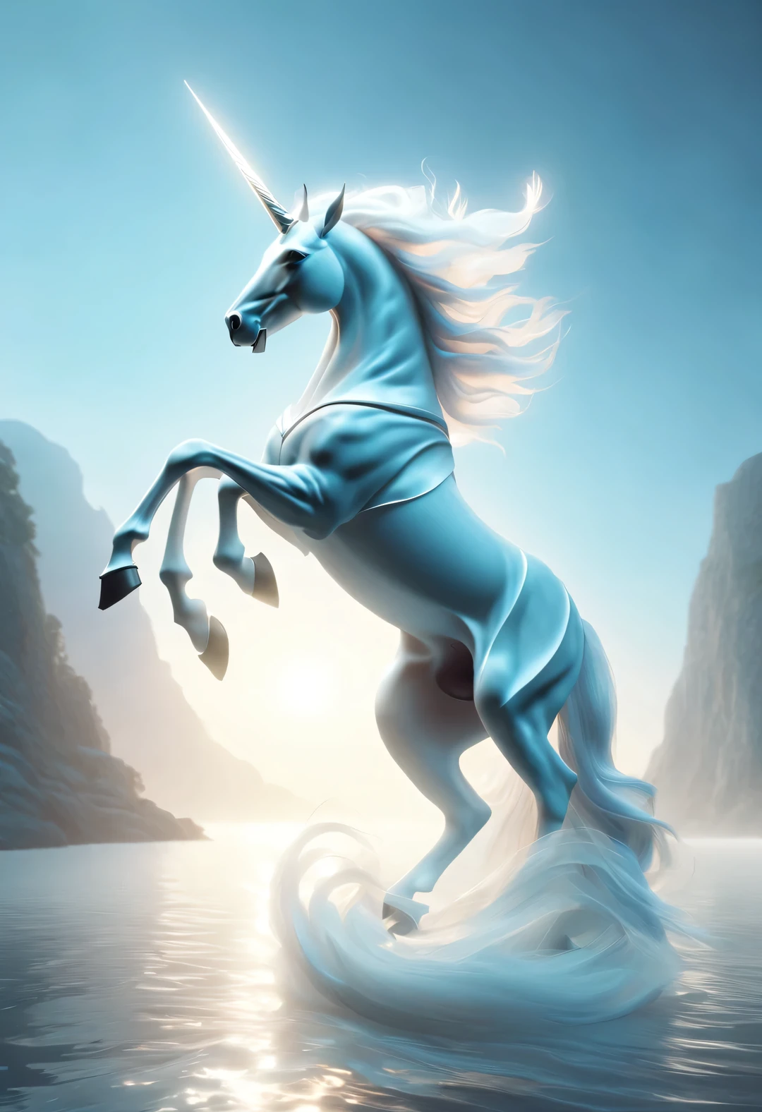 Stylish photography style, 3D rendering of Greek unicorn with white body and blue horn. mystery, ethereal, elegant, noble,,A beautiful painting by wlop,Modern art,Magical Realism,dreamlike realism,Imagined,ethereal, by Tammy Bohn, mystery气氛,reflective atmosphere,Sagittarius, ♐︎,cancer, ♋︎,Scorpio, ♏︎,Unreal Engine,octane rendering,V-rays,high detail,super quality,high resolution,Popular topics on Artstation,Surrealism,8K depth of field (degrees of ),bottom view,twilight ray,