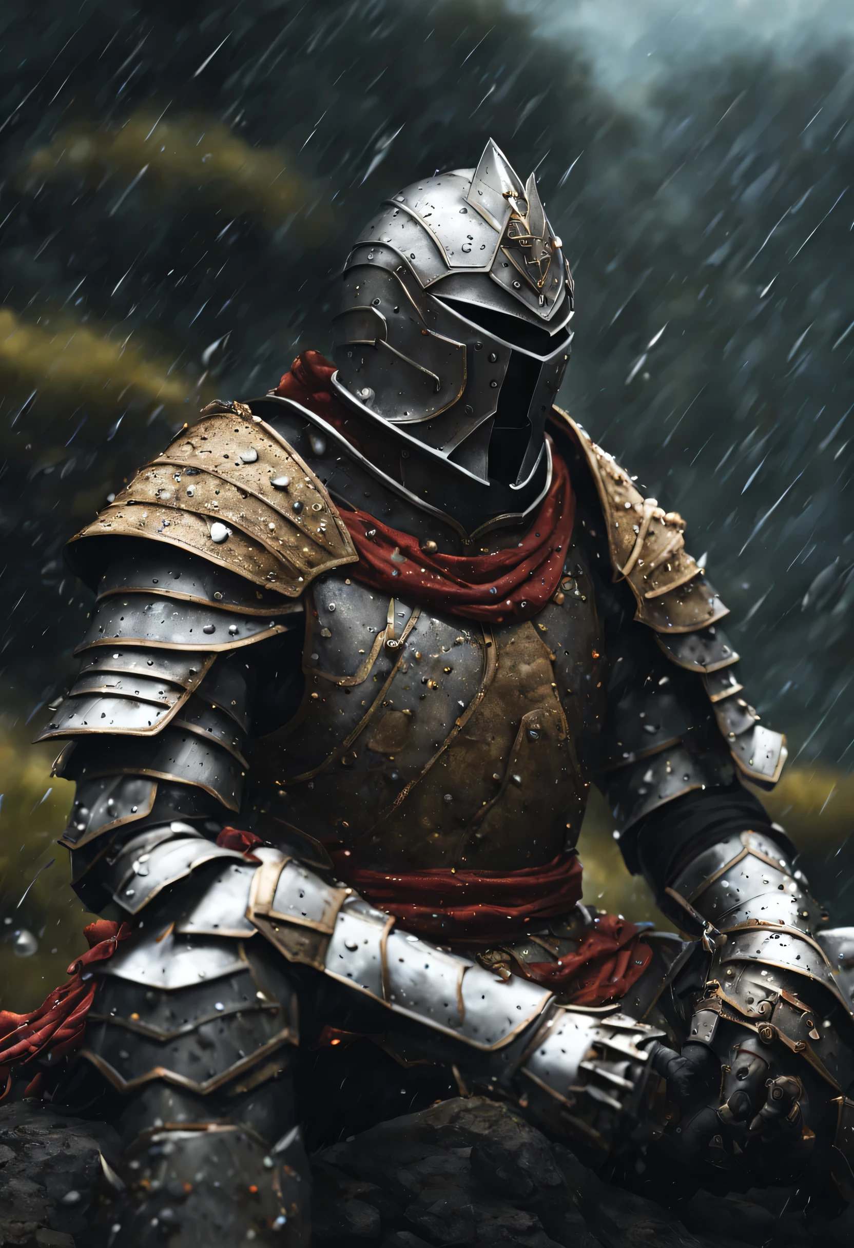 (a man in armor, detailed armor, realistic:1.37), (sitting on a rock, rugged rock surface), (in the rain, raindrops falling), (a poster by Pogus Caesar), (featured on polycount), (antipodeans), (inspirational), (#vfxfriday), (masculine), HDR, UHD, studio lighting, ultra-fine painting, sharp focus, physically-based rendering, extreme detail description, professional, vivid colors, bokeh, portraits, landscape, photography