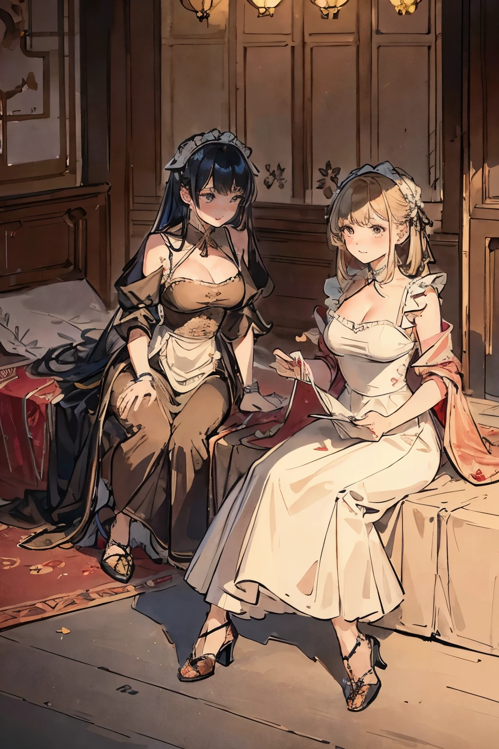 2 girls,Girls in maid outfits and girls in evening dresses,Poor but strong servant working hard to provide services to his mistress,Servant puts on shoes for master,Delicately patterned,Only the host is wearing a beautiful evening dress,Rich and arrogant hostess enjoys in luxurious armchair,lesbian,Gloves,Perfect and delicate face,perfectly matched clothes,fine shoes,Fine clothing,A composition that reflects the difference in status between the two girls.,Light reflecting the difference in status between the two girls