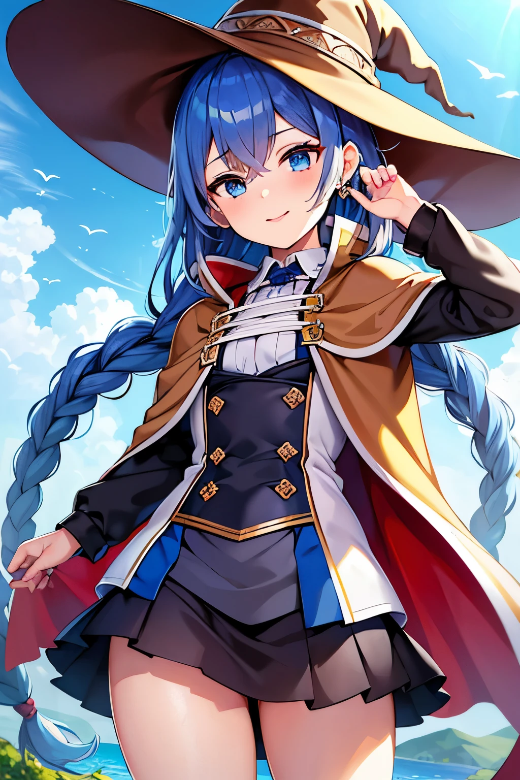 (best quality), (masterpiece), ((beautiful:0.75) cute girl:0.75), [clear and clean] pixiv (illustration), (roxy migurdia:1.25), blue eyes, blue hair, bangs, brown cape, witch hat, braid,  