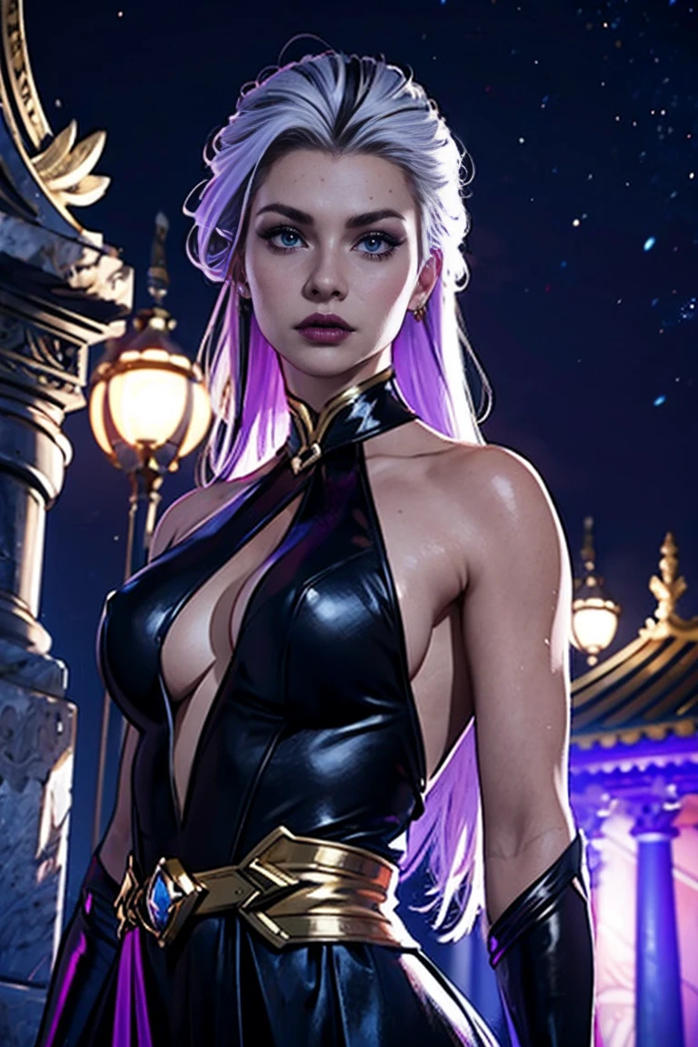 Linda, tia, flawless face, pele perfeita, Sindel,cabelo grisalho, Cabelo da Sidel, long pulled back hair, long slicked back hair, cabelos multicoloridos, Traje Sindel roxo e preto, in escuro purple temple, colunas grandes, escuro, Pitch black night sky,Dynamic Posture, body healed, imposing expression,luxo 