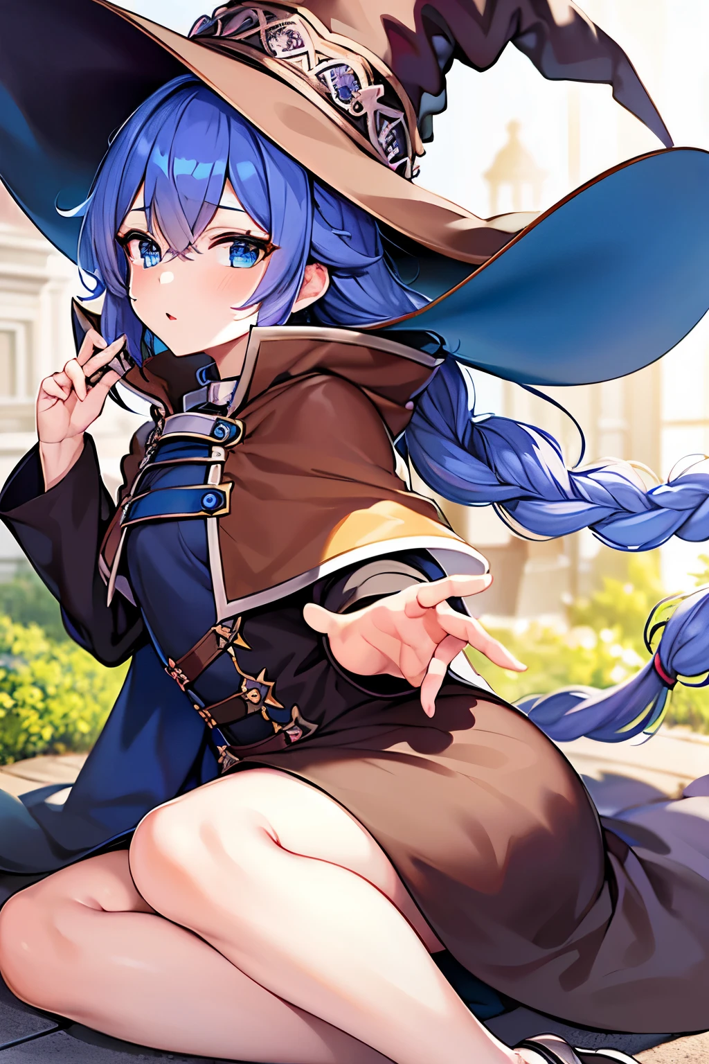 (best quality), (masterpiece), ((beautiful:0.75) cute girl:0.75), [clear and clean] pixiv (illustration), (roxy migurdia:1.25), blue eyes, blue hair, bangs, brown cape, witch hat, braid,  