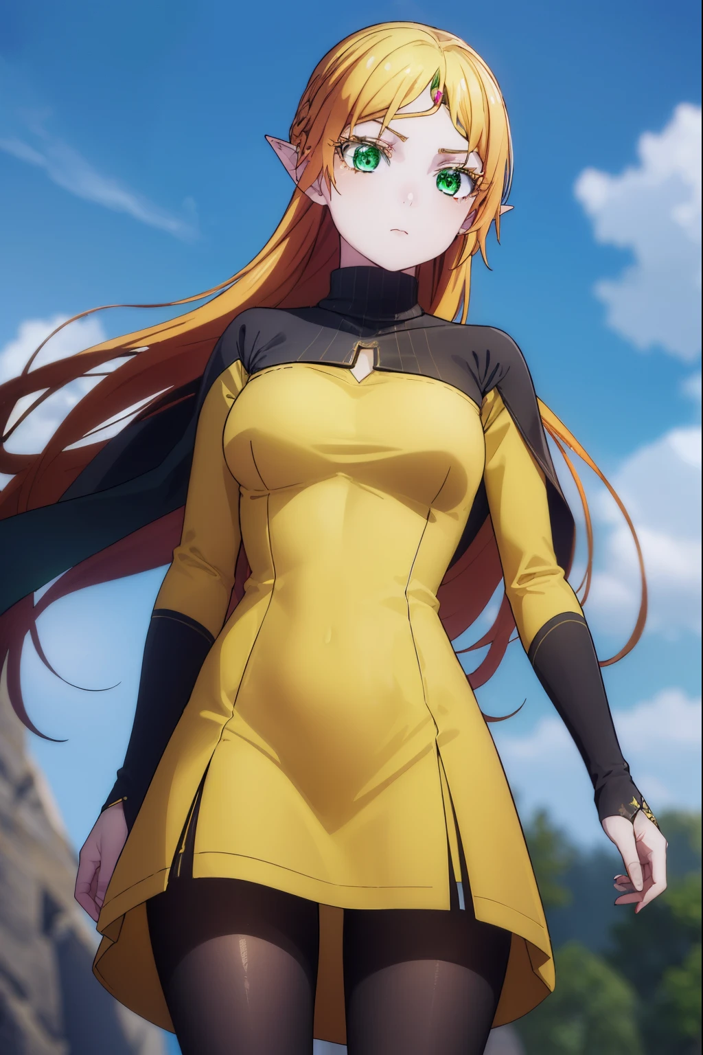 tsundereelf, tsundere elf, long hair, blonde hair, (green eyes:1.5), pointy ears, elf, multicolored hair, forehead jewel,
BREAK long sleeves, turtleneck bodysuit, pantyhose, sweater, (black sweater:1.2), dress, (yellow dress:1.5),
BREAK outdoors, forest, nature, sun, sky, clouds,
BREAK looking at viewer, (cowboy shot:1.5),
BREAK (masterpiece:1.2), best quality, high resolution, unity 8k wallpaper, (illustration:0.8), (beautiful detailed eyes:1.6), extremely detailed face, perfect lighting, extremely detailed CG, (perfect hands, perfect anatomy),