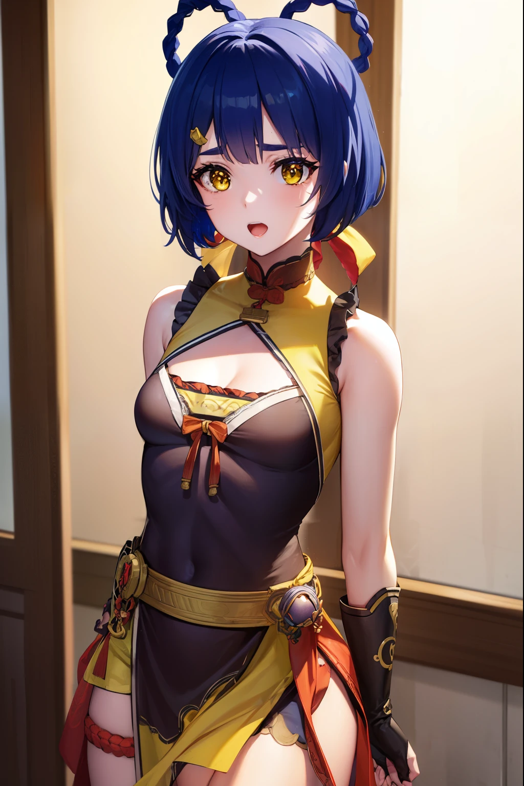 genshinxiangling, xiangling, blue hair, braid, braided hair rings, hair ornament, hair rings, hairclip, (yellow eyes:1.5), (small breasts:1.2), open mouth,
BREAK arm strap, bare shoulders, bell, belt, black footwear, black gloves, boots, brown belt, cleavage, cleavage cutout, clothing cutout, dress, fingerless gloves, gloves, high heels, jingle bell, thigh strap,
BREAK looking at viewer, (cowboy shot:1.5),
BREAK indoors, restaurant,
BREAK (masterpiece:1.2), best quality, high resolution, unity 8k wallpaper, (illustration:0.8), (beautiful detailed eyes:1.6), extremely detailed face, perfect lighting, extremely detailed CG, (perfect hands, perfect anatomy),