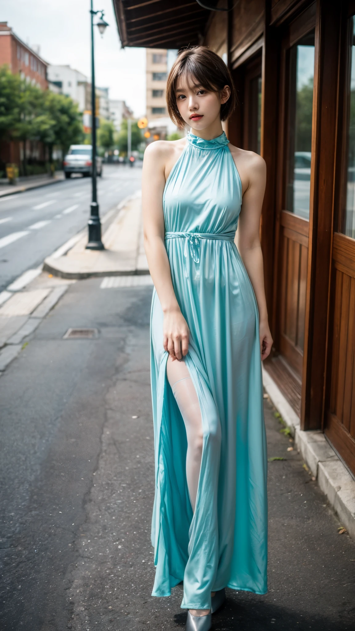 ulzzang-6500-v1.1, (RAW photo:1.2), (Photoreal), (genuine:1.4), Teenage VN01,、short bob hair, Wearing a gorgeous long maxi dress、1girl、(super realistic pantyhose:1.3), realistic skin texture、shiny skin、exposed thighs!!!