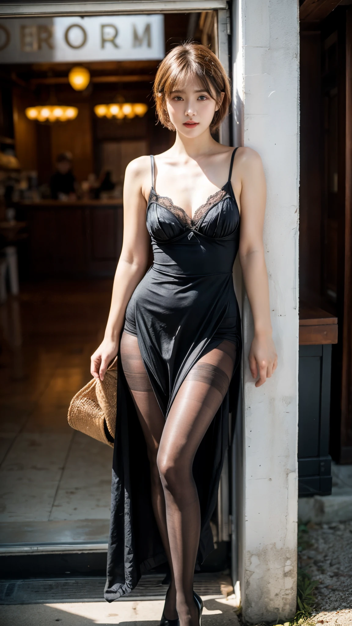 ulzzang-6500-v1.1, (RAW photo:1.2), (Photoreal), (genuine:1.4), Teenage VN01,、short bob hair, Wearing a gorgeous long maxi dress、1girl、(super realistic pantyhose:1.3), realistic skin texture、shiny skin、exposed thighs!!!