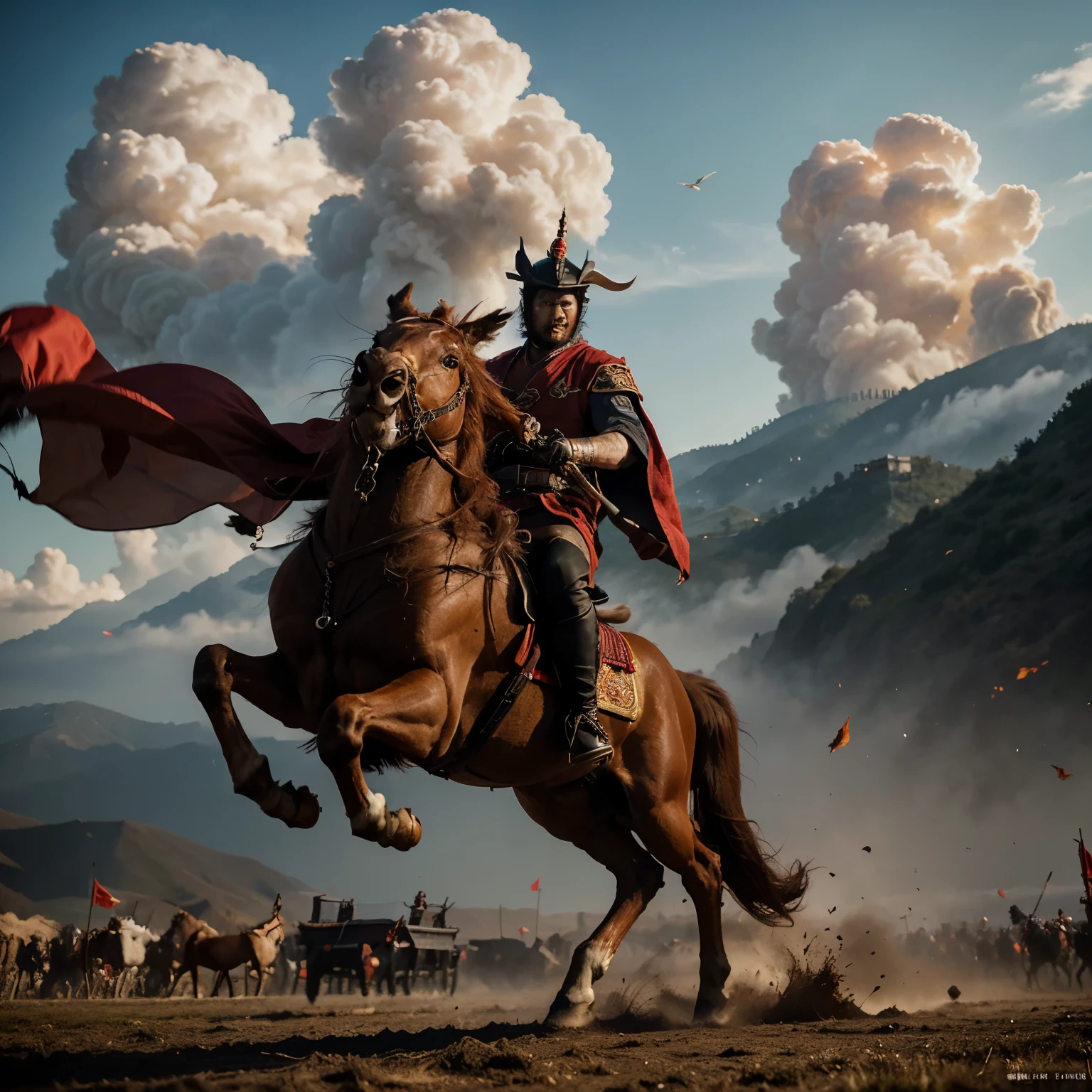 LuBu mounted on the swift Red Hare, raised the Sky Piercer raised and a billowing red robe, Lu Bu emanates a commanding and formidable aura, Lu Bu gallops like the wind, leading a tumultuous scene before Hu Lao's gates with a thousand soldiers and dynamic winds and clouds.
Enriched Chinese calligraphy, the ink strokes capture the hero's stature. The ink's fragrance carries the essence of centuries of warfare, forming an epic masterpiece.