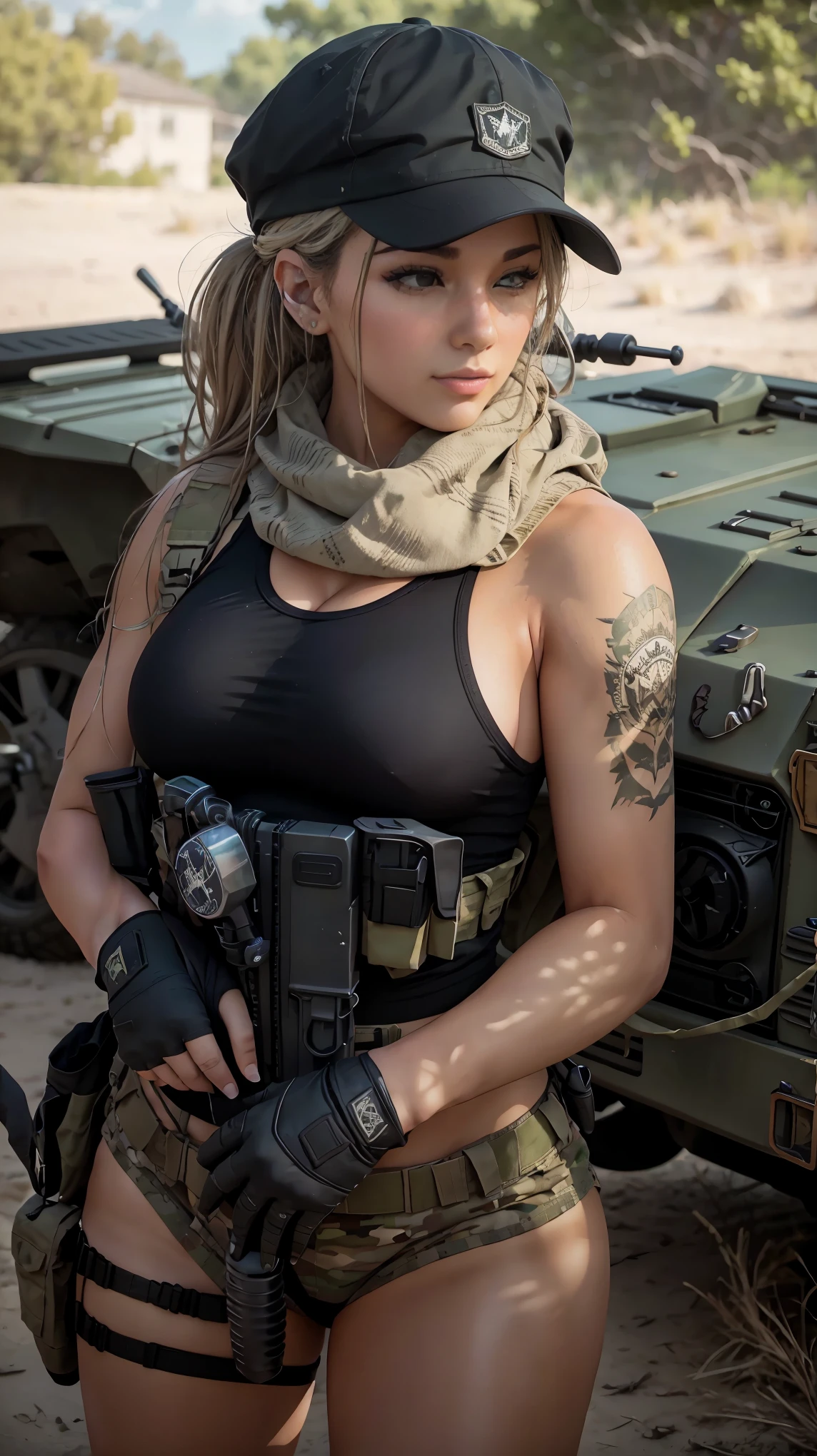 （a masterpiece）， （Bestquality：1.0）， （ultrahighres：1.0）， Delicate eyes， 1girle， （big boob），ponytail， weapon， （short dress），（silk stockings）， abdomen， With weapons， gun， headphone， Take a gun， rifle， handgun， headphone， realistic，disguise， Camouflage vest，（desert、、、，oasis，out door，Beautiful view）