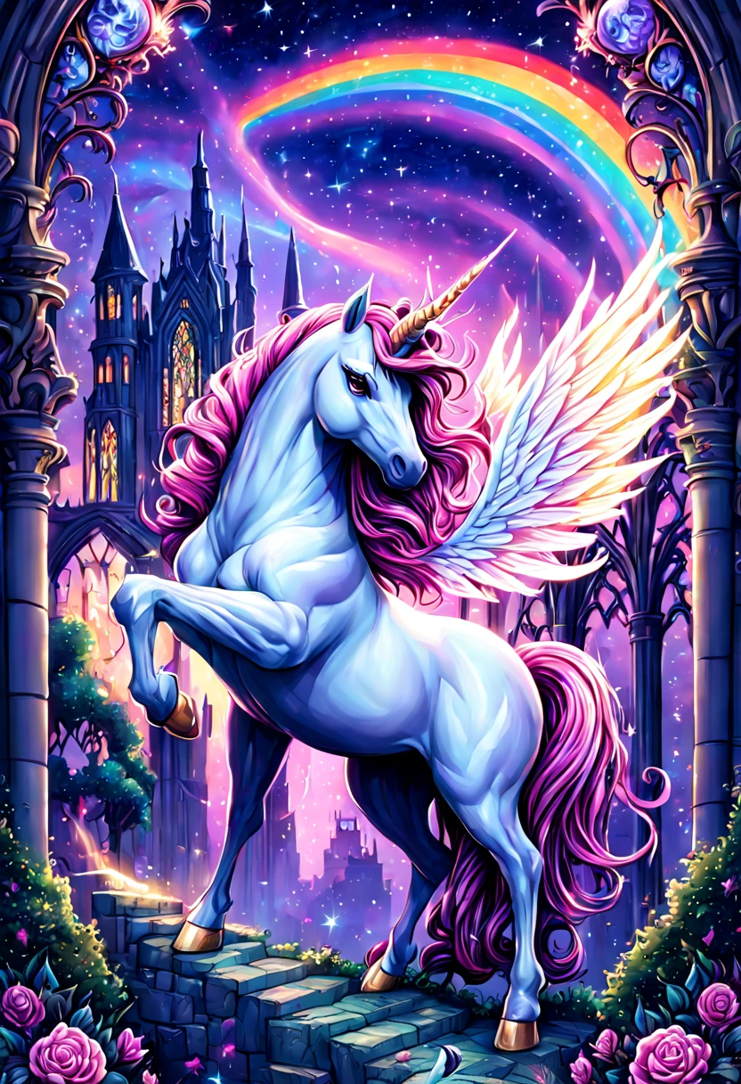 High Gothic, highly detailed multicolored (Fantasy Unicorn:1.5) under a bright starry night with the artistic styles of Mark Brooks and Dan Mumford. The artwork is perfect and smooth.

In this scene, a breathtaking high gothic setting takes center stage. The surroundings are adorned with intricate architectural details, gothic arches, and soaring spires that reach towards the heavens. The richly textured stone walls feature delicate carvings and intricate patterns, showcasing the craftsmanship of a bygone era.

A highly detailed, majestic unicorn is the focal point of the artwork. Its magnificent form is brought to life with meticulous attention to detail, from the graceful curve of its horns to the flowing strands of its mane. The unicorn's body is vibrant and multicolored, with hues of iridescent purples, blues, and pinks blending seamlessly together. The colors create a sense of enchantment and magic, adding to the mythical atmosphere of the scene.

Underneath the unicorn, a bright starry night sky illuminates the surroundings. Countless stars twinkle above, casting a gentle glow on the entire scene. The stars form intricate constellations, giving the impression of a deep cosmic connection between the unicorn and the universe. The moon, full and radiant, shines with a soft silver light, accentuating the beauty of the gothic architecture and the unicorn itself.

To bring this artwork to life, the style of Mark Brooks and Dan Mumford is invoked. Their signature comic book art style adds a unique twist, blending the fantastical elements with a modern edge. The lines are crisp, the colors are bold, and the shading is impeccable. This combination of high gothic aesthetics with comic book artistry creates a visually striking and captivating piece.

The overall color palette is carefully chosen to enhance the mood and atmosphere of the artwork. Deep, rich hues of purples, blues, and pinks dominate the scene, adding a sense of mystery and awe. These colors are complemented by splashes of vibrant gold and silver accents, adding a touch of regality and elegance.

The lighting in this scene is crucial in capturing the magical ambiance. Warm, soft lights bathe the gothic architecture, highlighting the intricate details and casting soft shadows. The unicorn itself is bathed in a glorious, ethereal glow, emanating from its majestic presence.

With these combined elements, the artwork portrays a high gothic, highly detailed, multicolored fantasy unicorn under a bright starry night sky. The influence of Mark Brooks and Dan Mumford's comic book art style adds a modern twist to the magical scene, resulting in a perfect and smooth masterpiece. The attention to detail, vibrant colors, and captivating lighting make this artwork a true feast for the eyes.