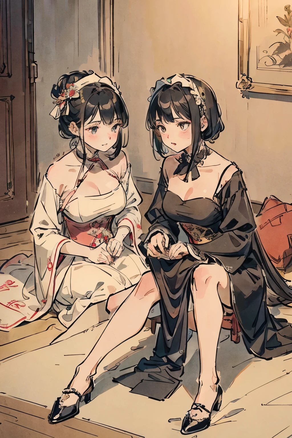 2 girls,Girls in maid outfits and girls in evening dresses,Poor but strong servant working hard to provide services to his mistress,Servant puts on shoes for master,Delicately patterned,Only the host is wearing a beautiful evening dress,Rich and arrogant hostess enjoys in luxurious armchair,lesbian,Gloves,Perfect and delicate face,perfectly matched clothes,fine shoes,Fine clothing,A composition that reflects the difference in status between the two girls.,Light reflecting the difference in status between the two girls