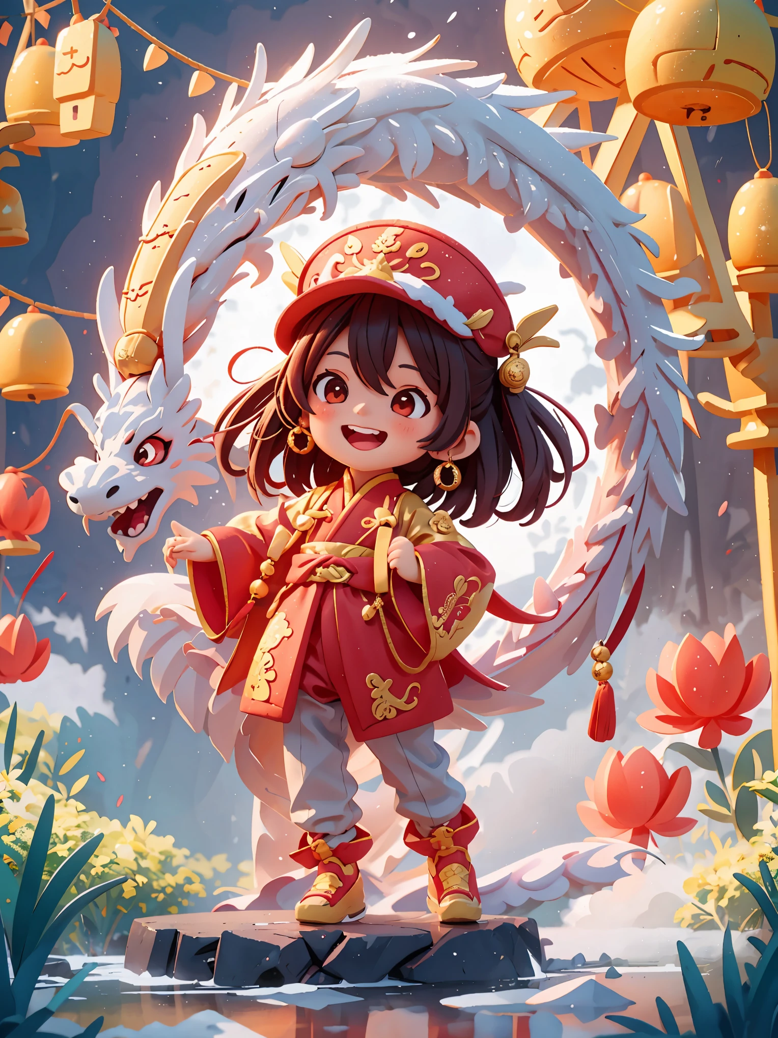 masterpiece,(best quality),Very detailed,Super detailed, (1 girl), Chinese traditional clothing, red衣服, dragon hat, dragon, vivid appearance, Eyes full of joy, shining fireworks, gold, red, smiley face, Red Lantern, warm light, festive atmosphere, bustling street, Expressions of joy and excitement, The unique charm of the Spring Festival Gala, high definition resolution, artwork.