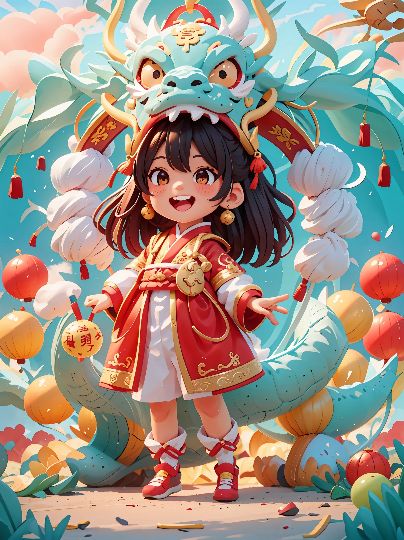 masterpiece,(best quality),Very detailed,Super detailed, (1 girl), Chinese traditional clothing, red衣服, dragon hat, dragon, vivid appearance, Eyes full of joy, shining fireworks, gold, red, smiley face, Red Lantern, warm light, festive atmosphere, bustling street, Expressions of joy and excitement, The unique charm of the Spring Festival Gala, high definition resolution, artwork.