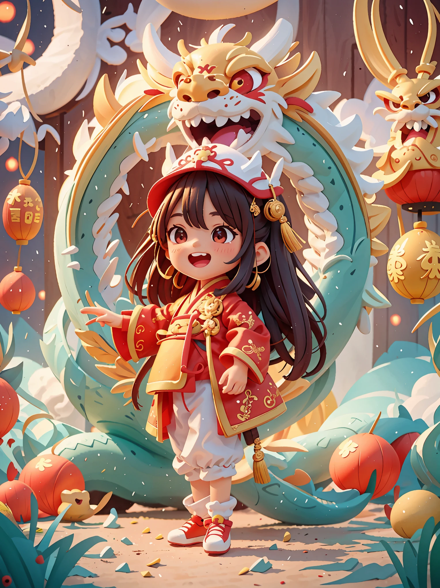 masterpiece,(best quality),Very detailed,Super detailed, (1 girl), Chinese traditional clothing, red衣服, dragon hat, dragon, vivid appearance, Eyes full of joy, shining fireworks, gold, red, smiley face, Red Lantern, warm light, festive atmosphere, bustling street, Expressions of joy and excitement, The unique charm of the Spring Festival Gala, high definition resolution, artwork.