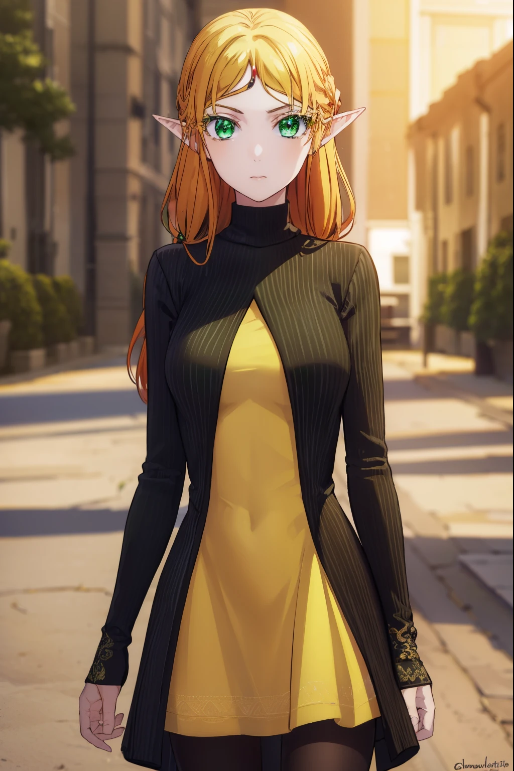 tsundereelf, tsundere elf, long hair, blonde hair, (green eyes:1.5), pointy ears, elf, multicolored hair, forehead jewel,
BREAK long sleeves, turtleneck bodysuit, pantyhose, sweater, (black sweater:1.2), dress, (yellow dress:1.5),
BREAK outdoors, forest, nature, sun, sky, clouds,
BREAK looking at viewer, (cowboy shot:1.5),
BREAK (masterpiece:1.2), best quality, high resolution, unity 8k wallpaper, (illustration:0.8), (beautiful detailed eyes:1.6), extremely detailed face, perfect lighting, extremely detailed CG, (perfect hands, perfect anatomy),