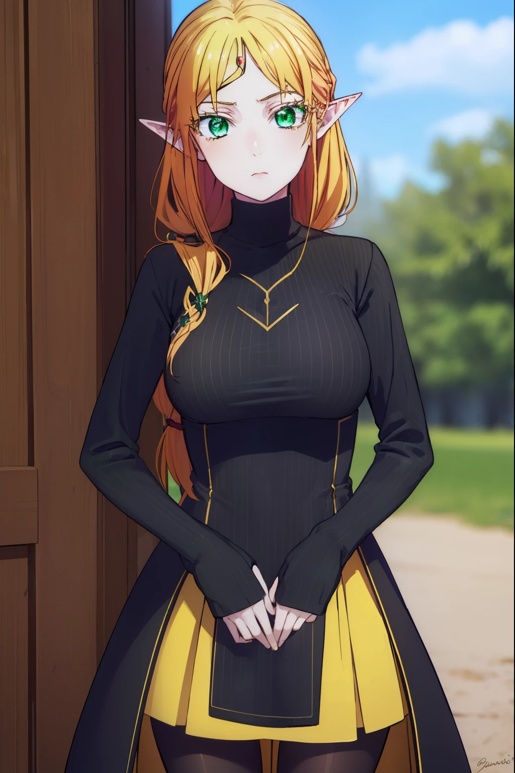 tsundereelf, tsundere elf, long hair, blonde hair, (green eyes:1.5), pointy ears, elf, multicolored hair, forehead jewel,
BREAK long sleeves, turtleneck bodysuit, pantyhose, sweater, (black sweater:1.2), dress, (yellow dress:1.5),
BREAK outdoors, forest, nature, sun, sky, clouds,
BREAK looking at viewer, (cowboy shot:1.5),
BREAK (masterpiece:1.2), best quality, high resolution, unity 8k wallpaper, (illustration:0.8), (beautiful detailed eyes:1.6), extremely detailed face, perfect lighting, extremely detailed CG, (perfect hands, perfect anatomy),