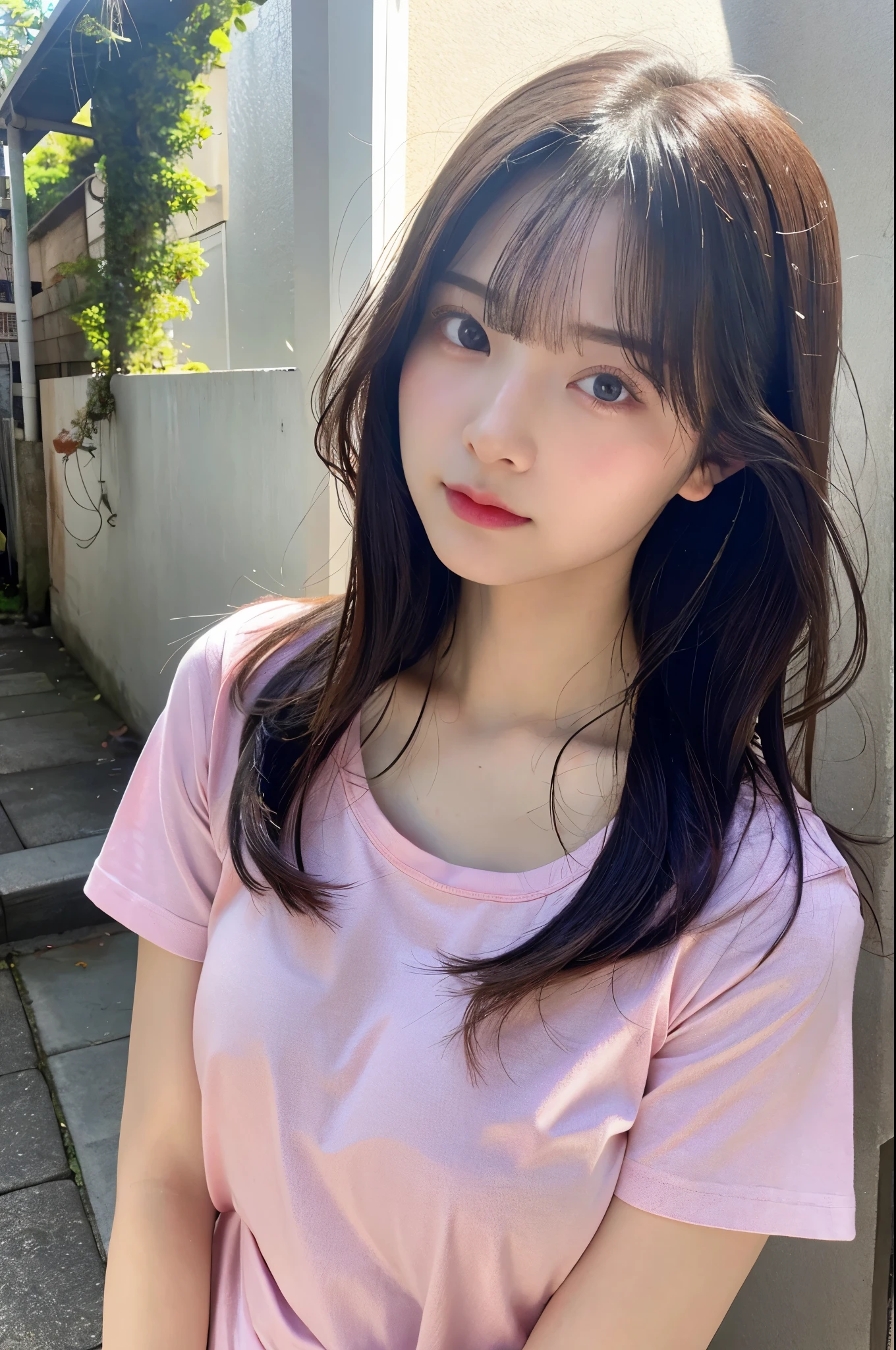1 girl、Close-up、daytime、pink t-shirt、、8K、Raw photo、highest quality、masterpiece、realistic、Photoreal、huge tit