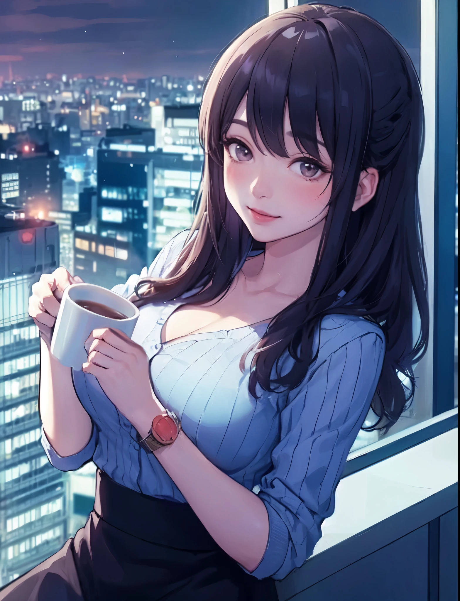 1lady sitting, holding a mug, office worker outfit, mature female, /(black hair/) bangs, blush light smile, (masterpiece best quality:1.2) delicate illustration ultra-detailed, large breasts BREAK /(modern office indoors/), window, night skyscraper