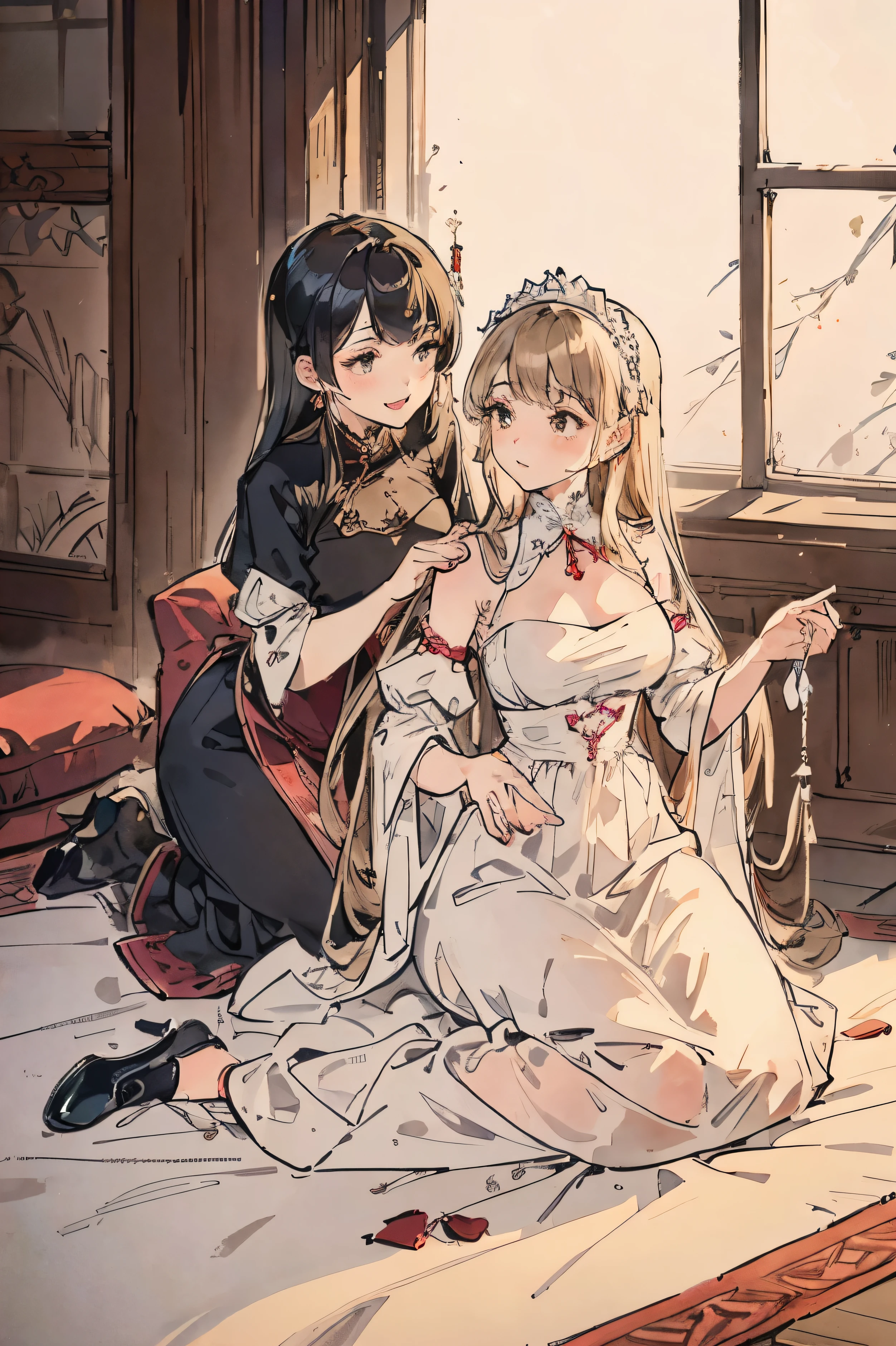 2 girls，Maid outfit girls and evening dress girls，Poor but strong servant strives to serve his mistress，Servant puts on shoes for master，The pattern is exquisite，Only the host was wearing a beautiful evening dress，Rich and arrogant hostess enjoys luxurious armchair，lesbian，Gloves，Perfect and delicate face，Perfectly matched clothes，good shoes，Beautifully dressed，An essay reflecting the status difference between two girls.，The light reflects the difference in status between the two girls