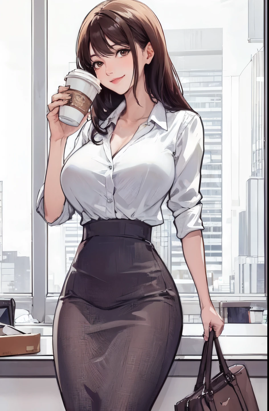1lady standing, holding a coffee cup, office worker outfit, mature female, /(dark brown hair/) bangs, light smile, (masterpiece best quality:1.2) delicate illustration ultra-detailed BREAK /(modern office indoors/), window skyscraper