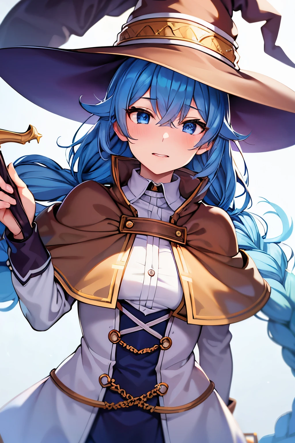 (best quality), (masterpiece), ((beautiful:0.75) cute girl:0.75), [clear and clean] pixiv (illustration), (roxy migurdia:1.25), blue eyes, blue hair, bangs, brown cape, witch hat, braid,  