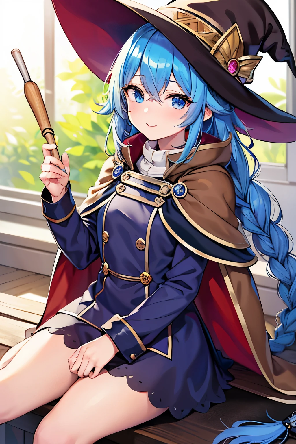 (best quality), (masterpiece), ((beautiful:0.75) cute girl:0.75), [clear and clean] pixiv (illustration), (roxy migurdia:1.25), blue eyes, blue hair, bangs, brown cape, witch hat, braid,  